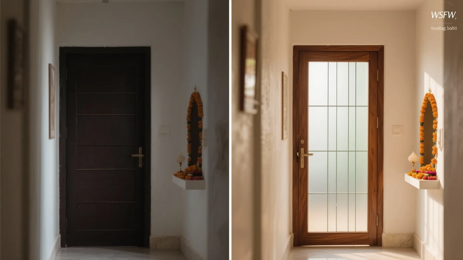 Before and after comparison of dark solid wood door versus bright glass door with natural light