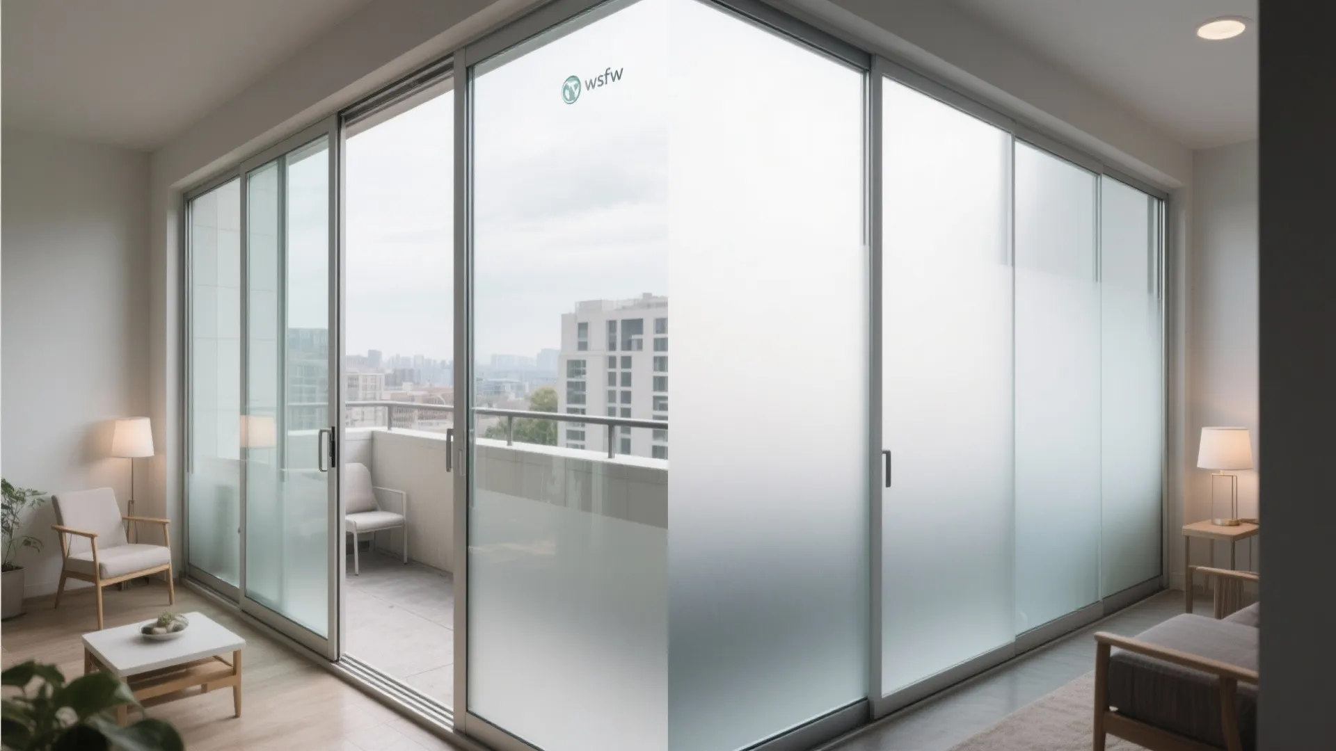 Comparison of living room with clear glass versus frosted glass private sliding balcony glass doors