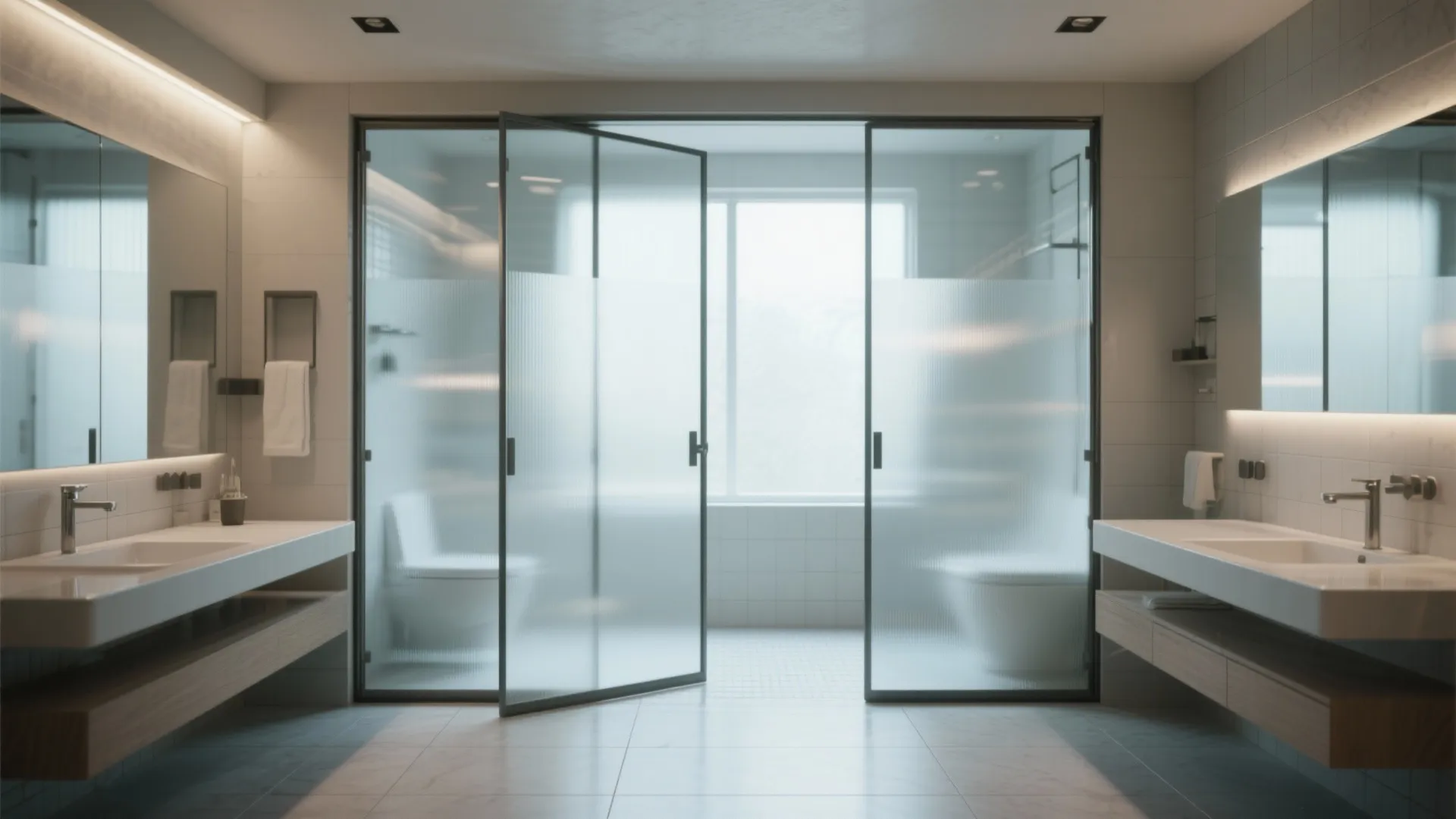 Modern bathroom with double sinks and frosted glass doors leading to a private toilet area