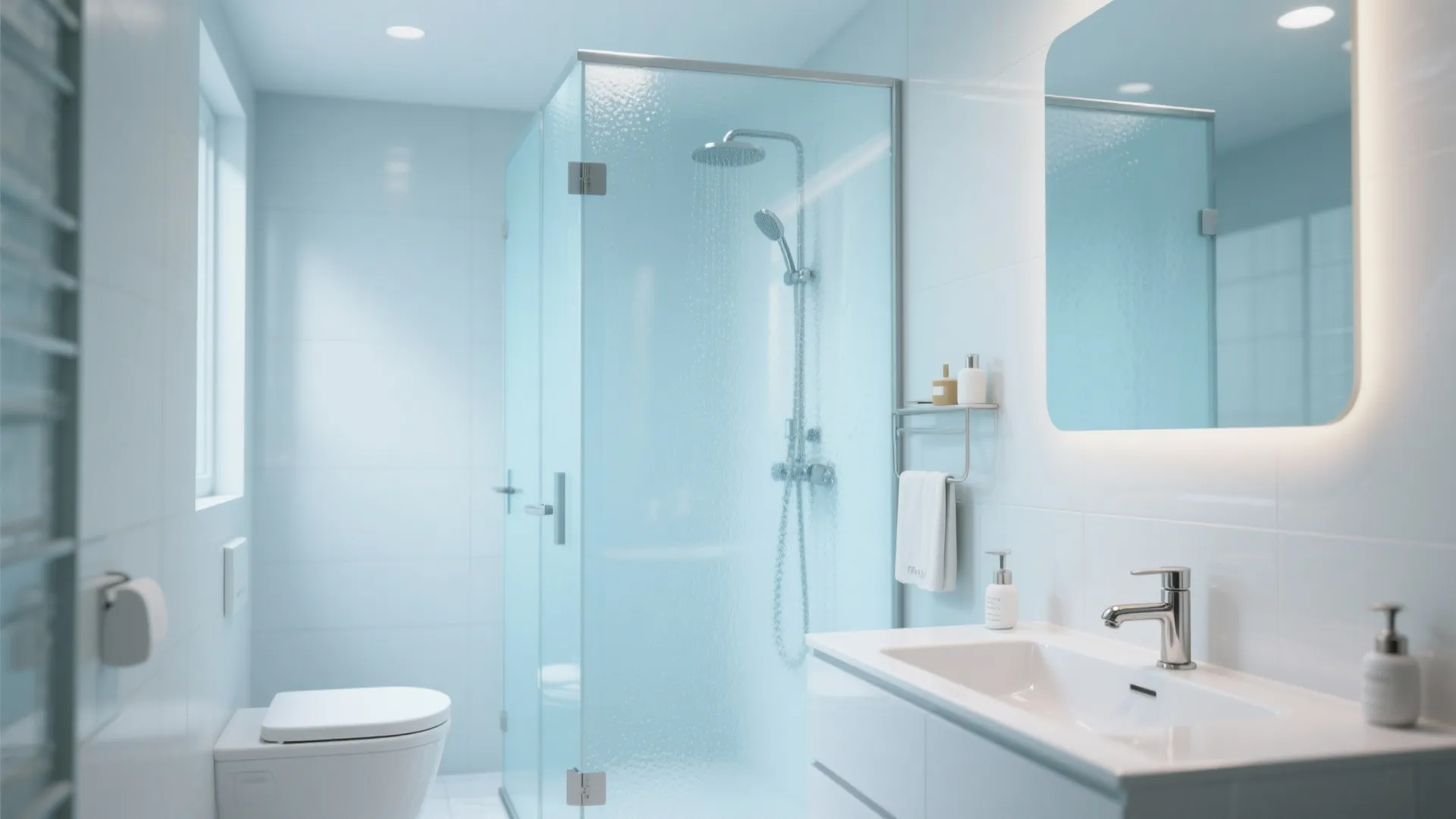5. Frosted Blue Glass Shower with White Fixtures