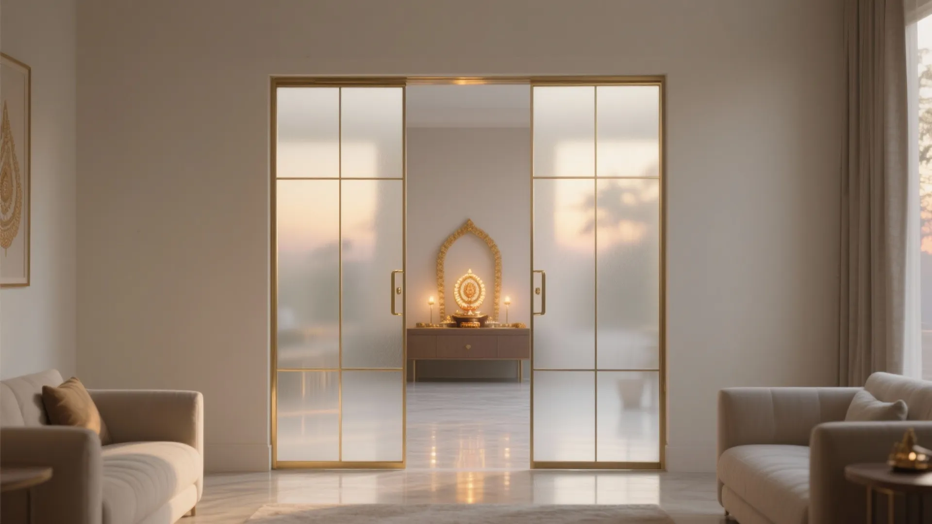 Frosted glass doors with brass inlay