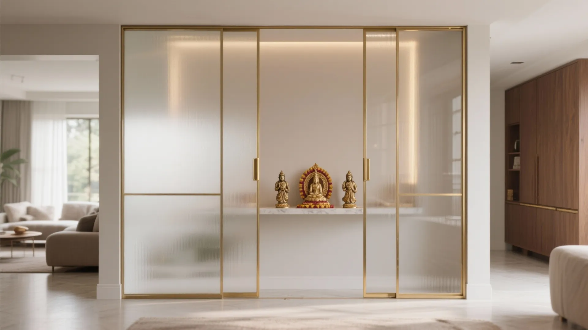 Frosted Glass Partition with Brass Accents