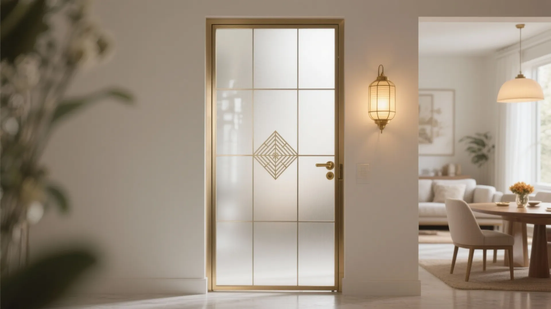 Gold frame door with frosted glass and diamond design next to a wall light fixture