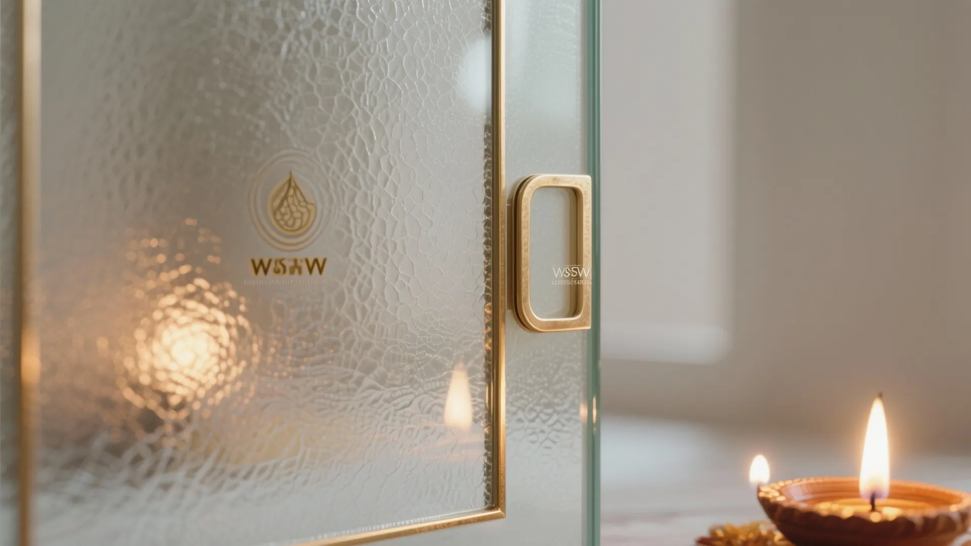 Close up view of textured glass door with gold frame and handle near small candles