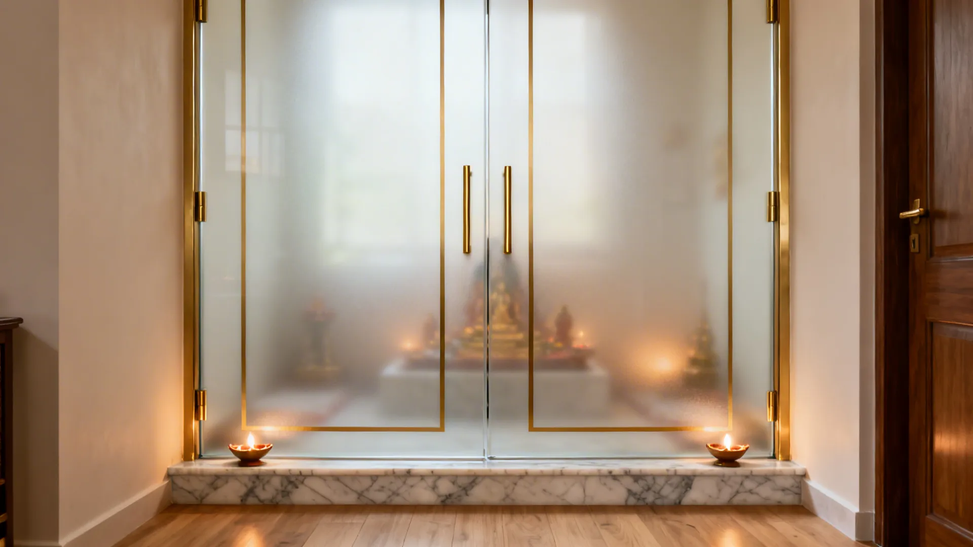 Frosted double glass pooja doors with brass inlay glowing in soft daylight.