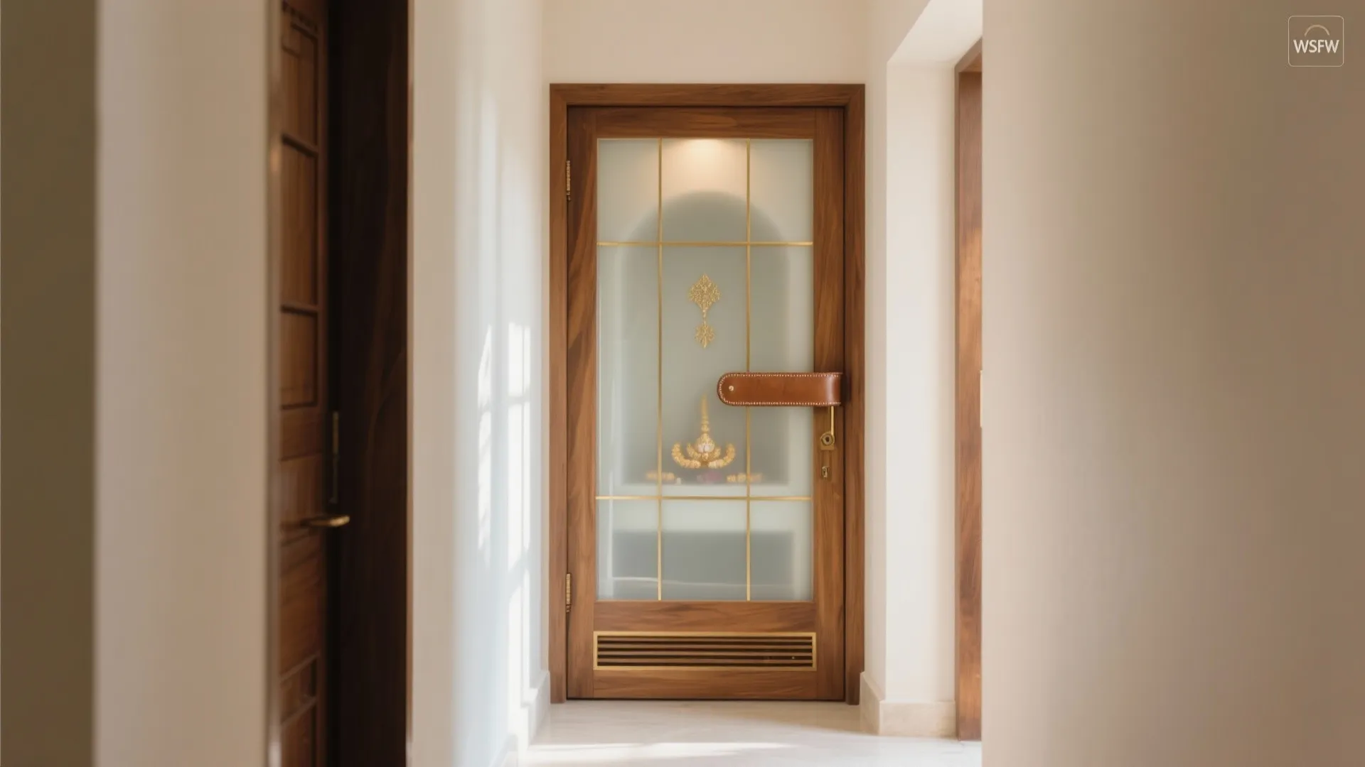 Hallway pooja niche with a frosted glass door and brass inlays diffusing soft daylight.