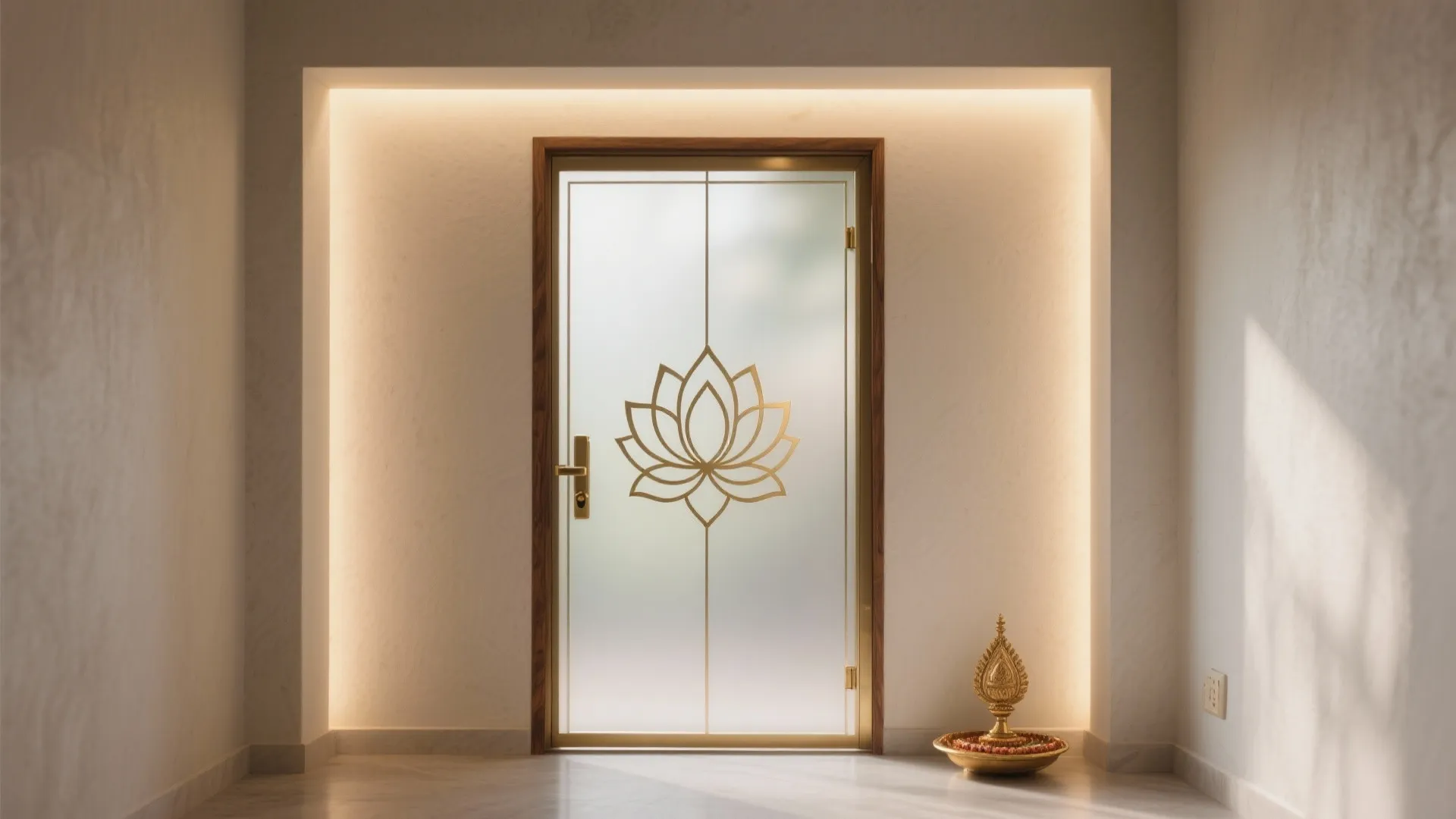 Frosted glass pooja door with slim brass inlay and soft warm lighting in a small space.