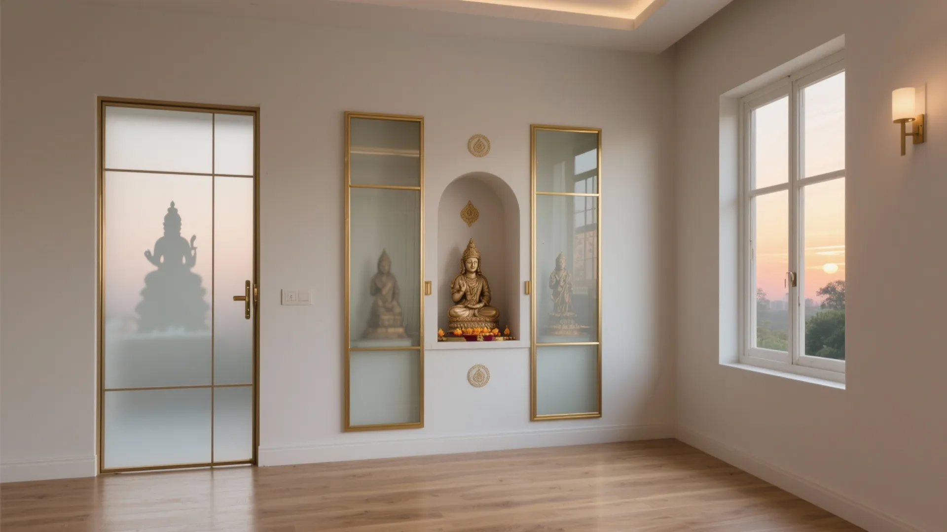 Minimalist prayer room with white walls wood floor frosted glass door and gold religious statues