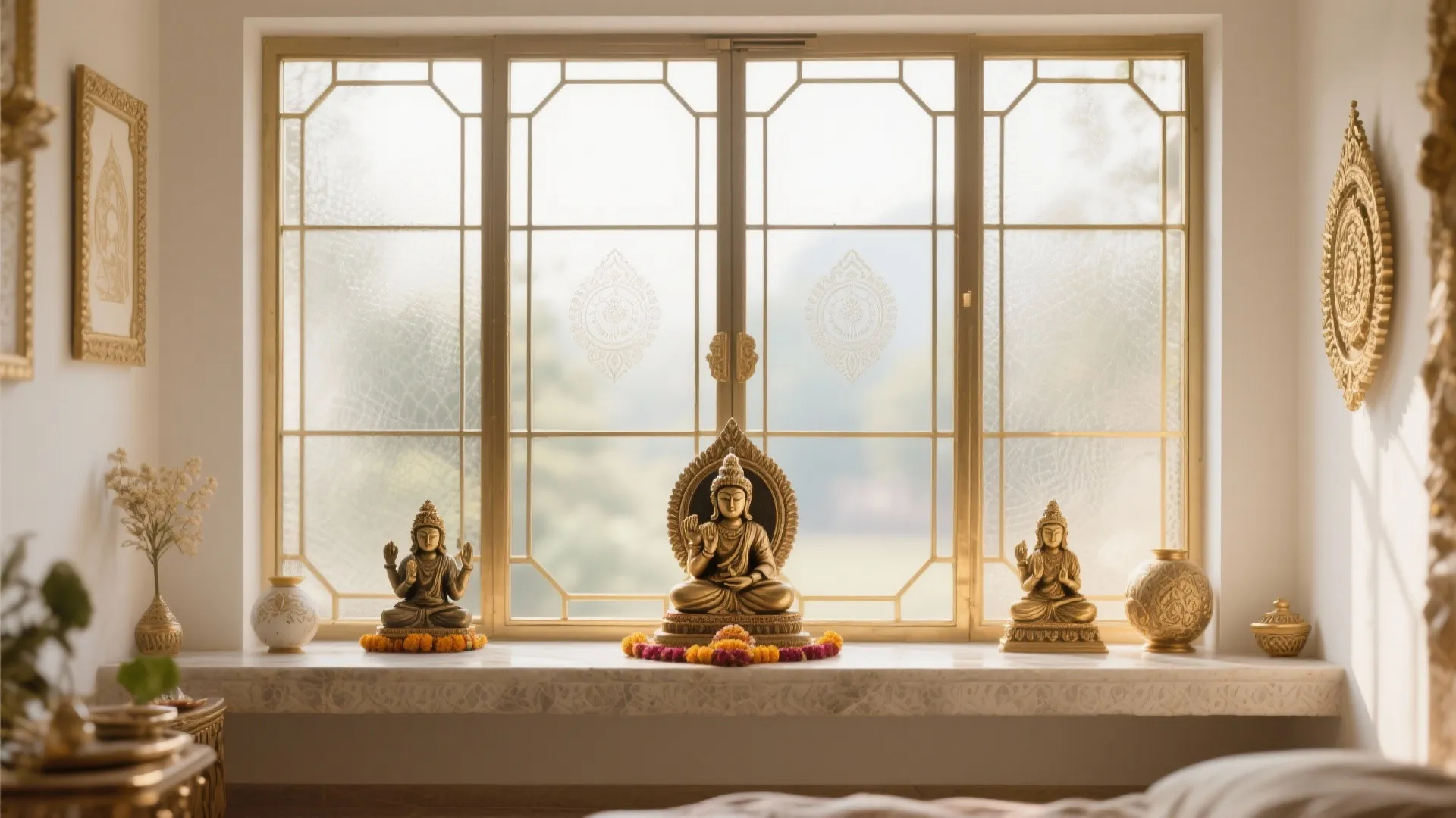 Frosted glass pooja room window with slim brass trims diffusing daylight over the altar.