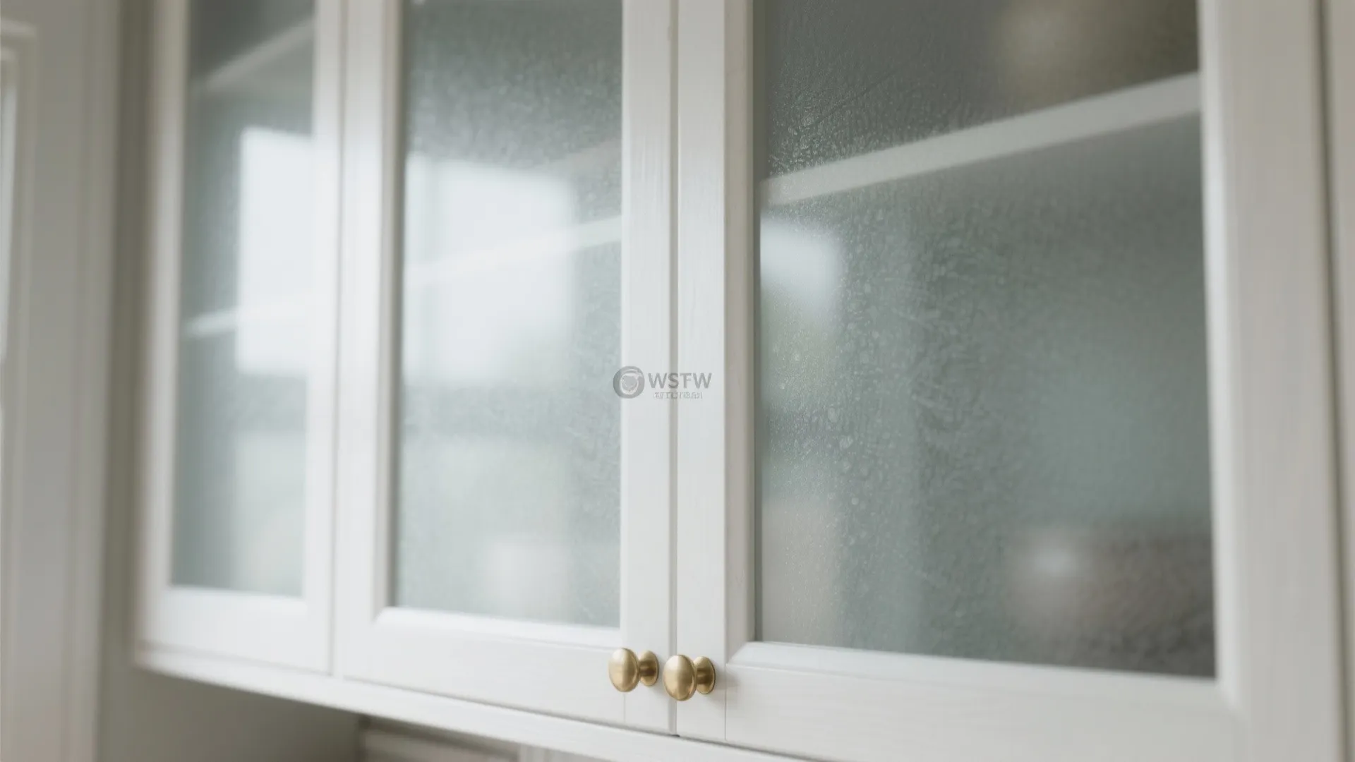 Close up of white kitchen cabinet with frosted glass doors and small round gold handles