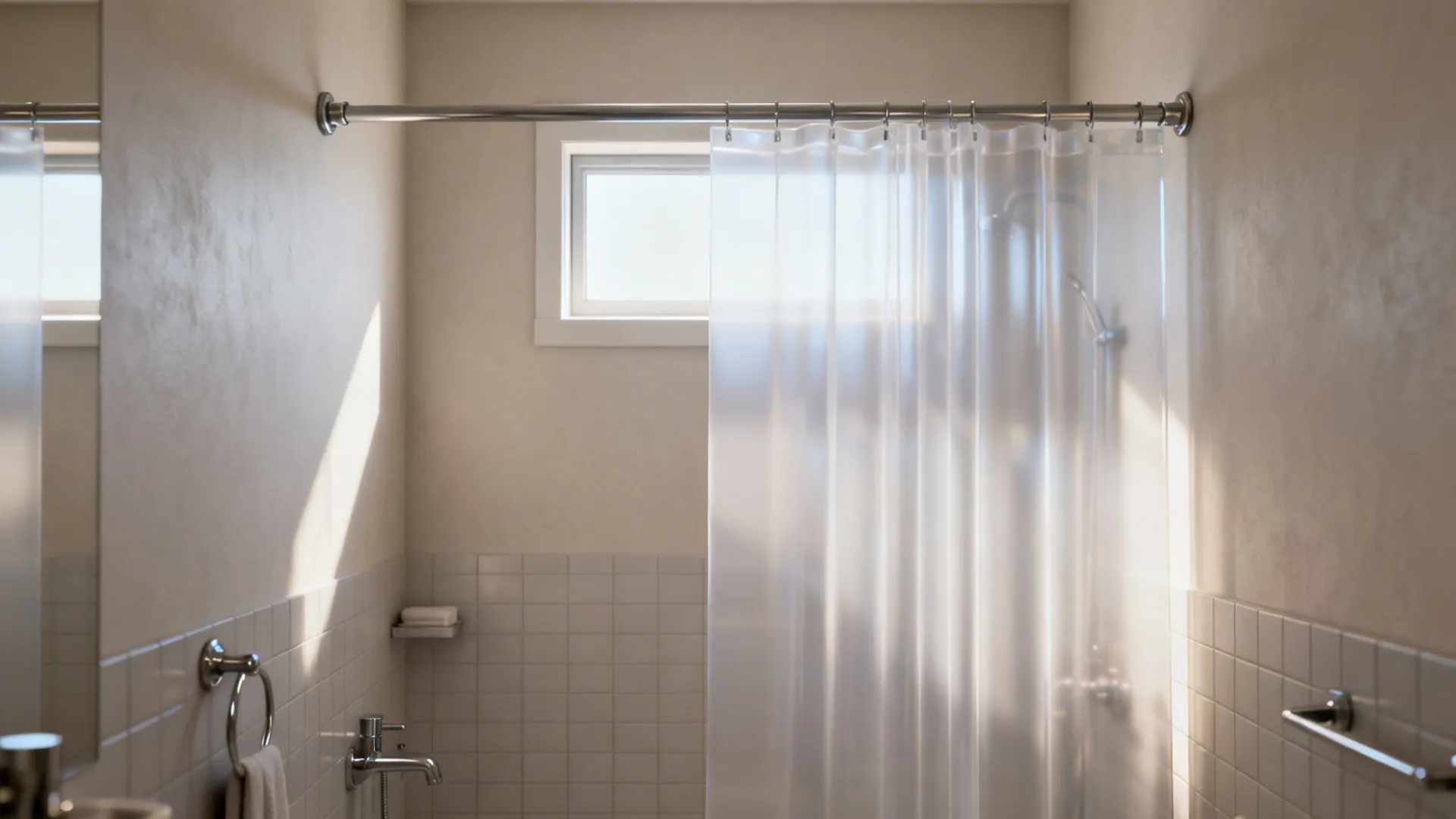Narrow bathroom with a frosted translucent shower curtain that visually enlarges the space.
