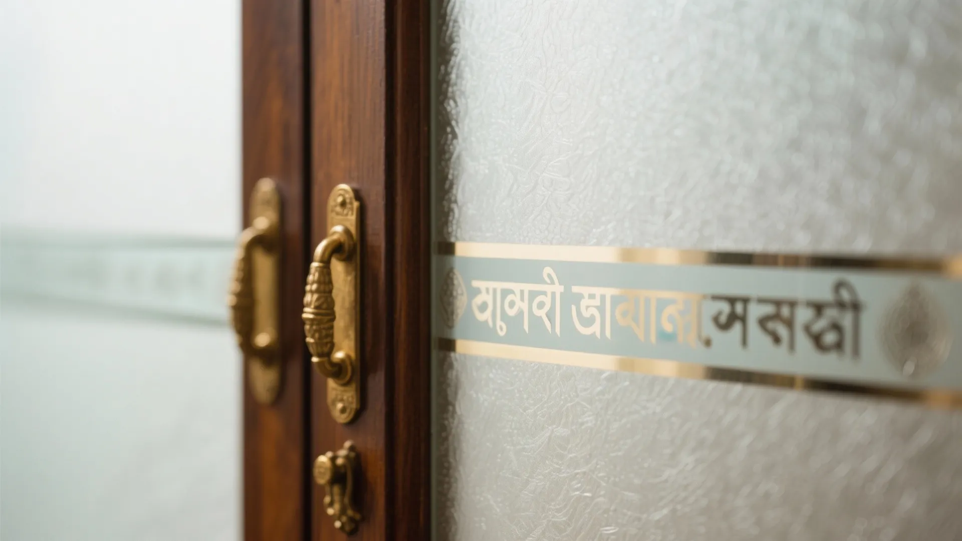 Frosted glass door with wood frame gold handle and a decorative horizontal stripe with text