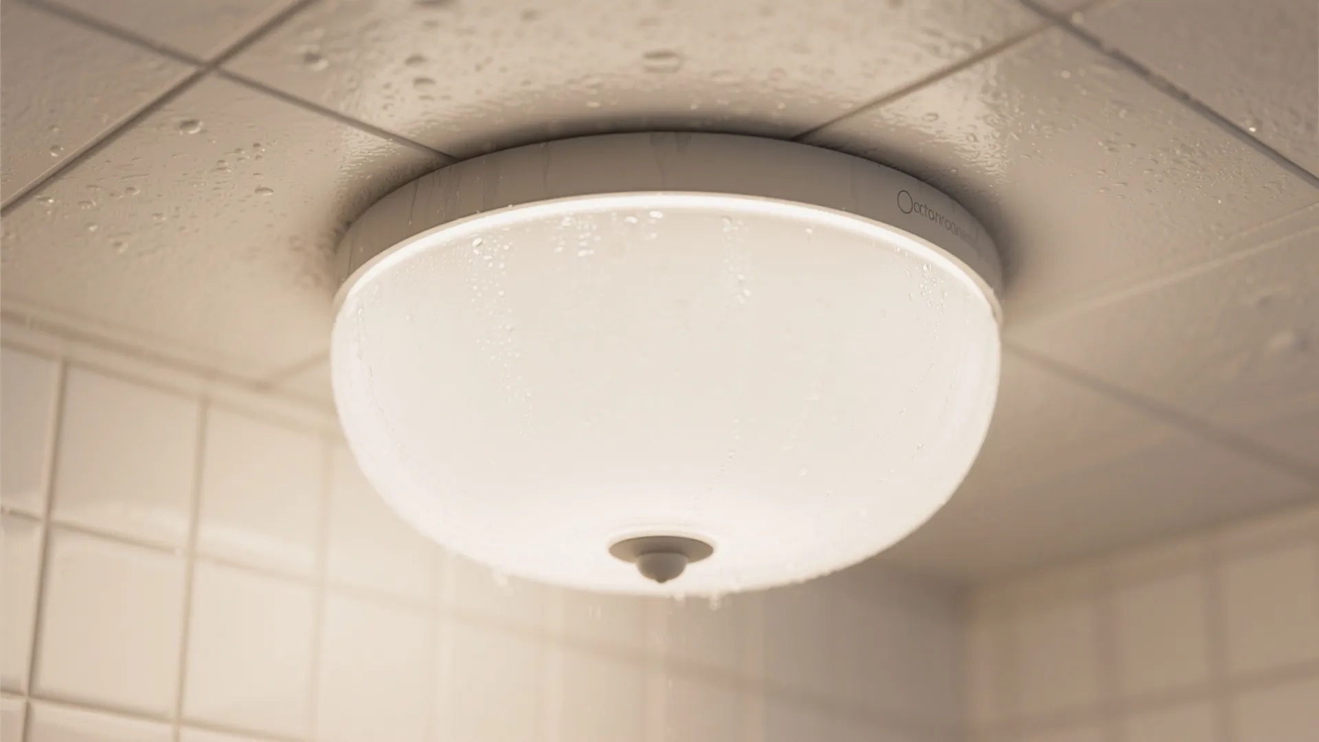 Round white ceiling light fixture with water droplets on frosted glass in a tiled bathroom