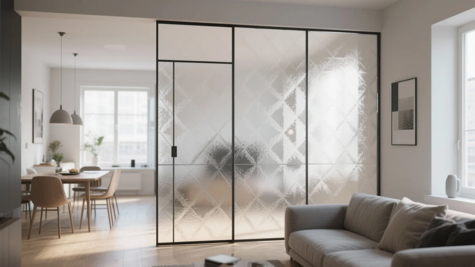 3. Frosted Patterned Glass as Room Divider