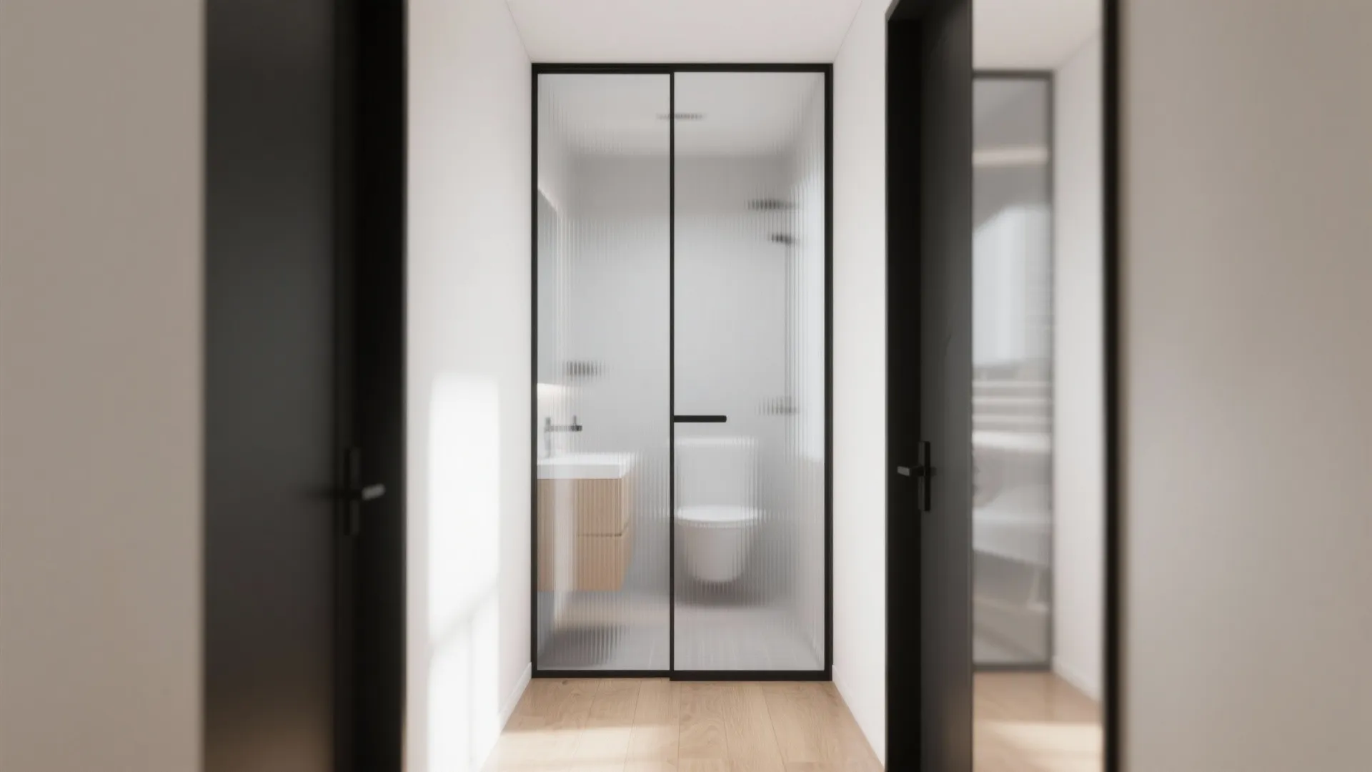 Frosted glass bathroom sliding door with a slim black aluminum frame providing bright privacy in a small hallway.