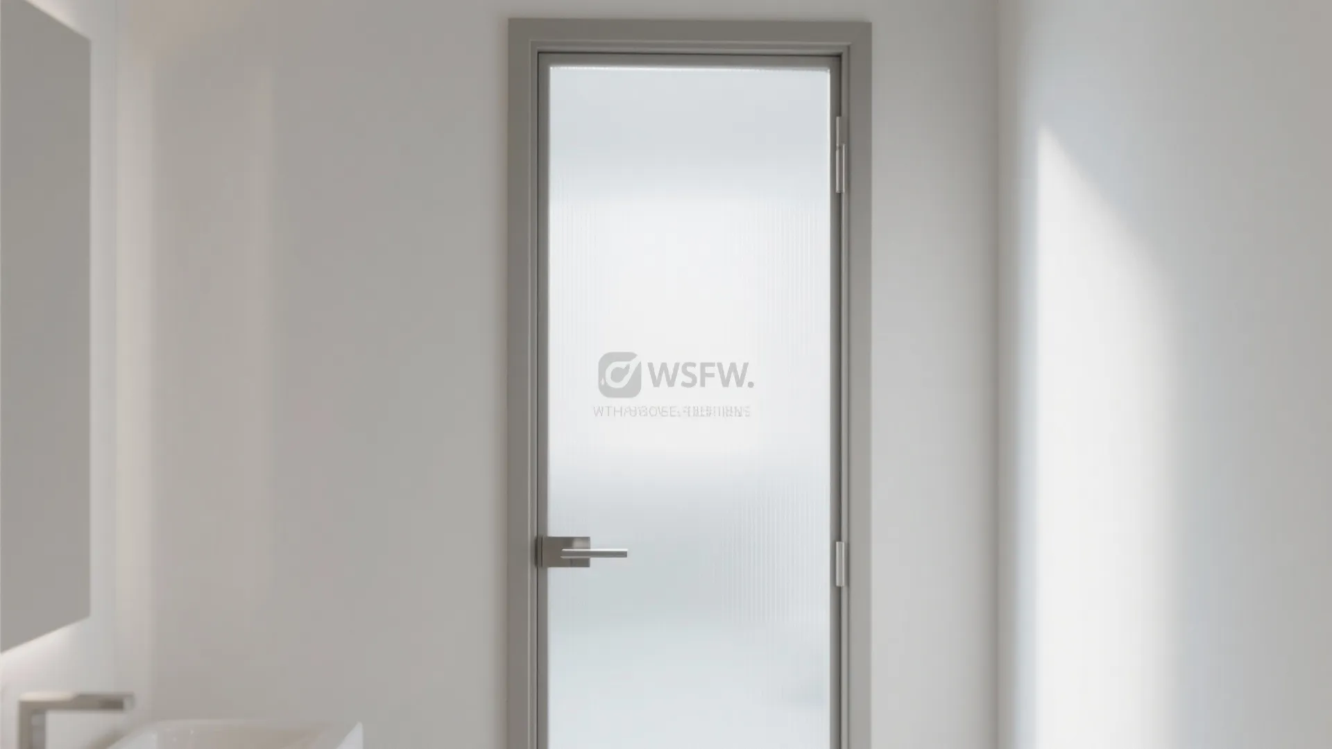 Close up of frosted glass door with silver handle set within clean white interior walls