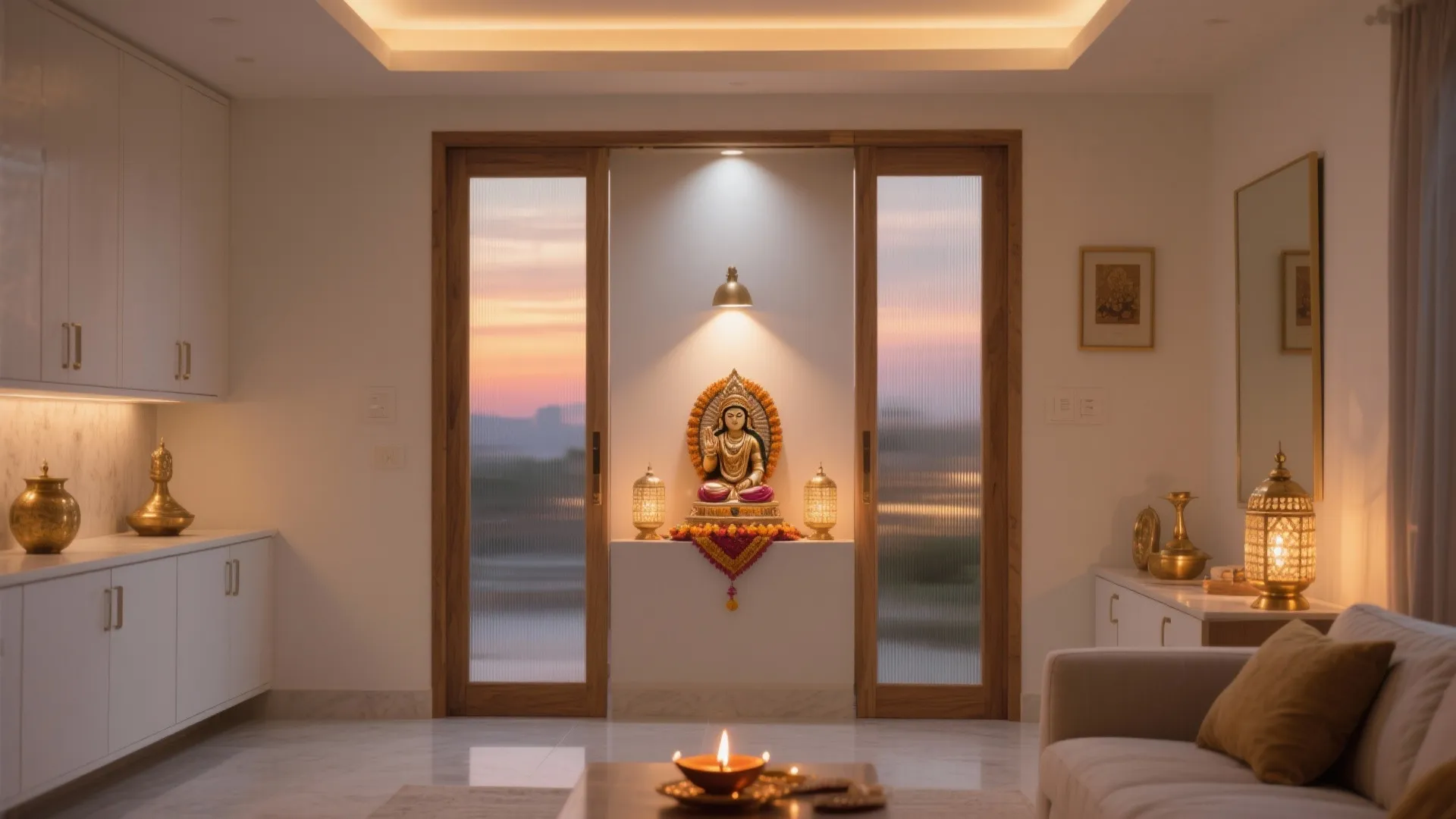 Frosted Glass Doors + Layered Lighting