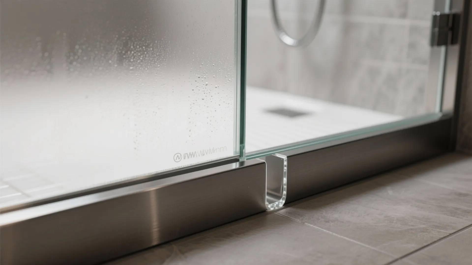 Macro detail of a 10 mm frosted glass panel set in a brushed stainless floor channel.