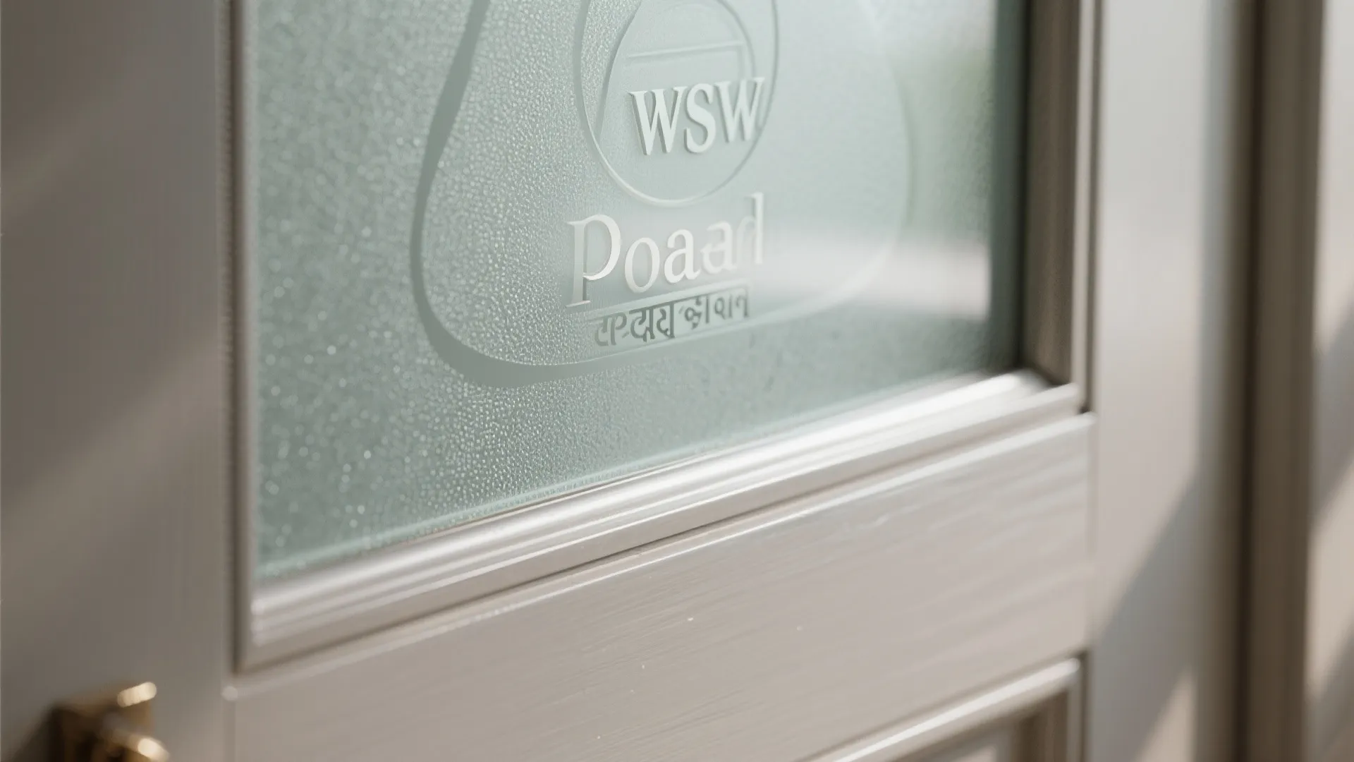Close-up of matte frosted glass with a slim brushed metal frame on a pooja door.