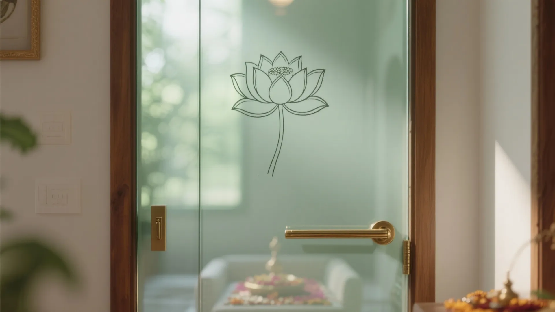 Frosted glass with sacred motif etching