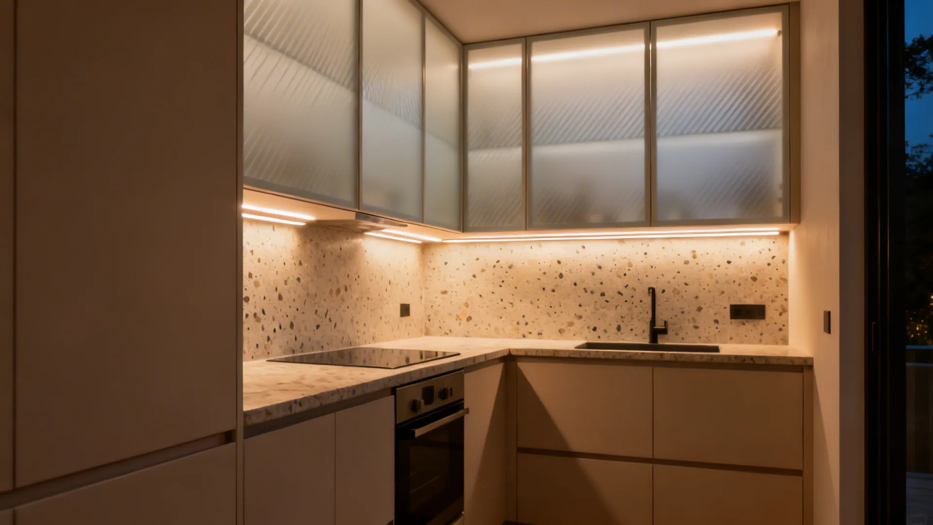 Small kitchen with diagonal-pattern frosted glass cabinet doors glowing warmly.