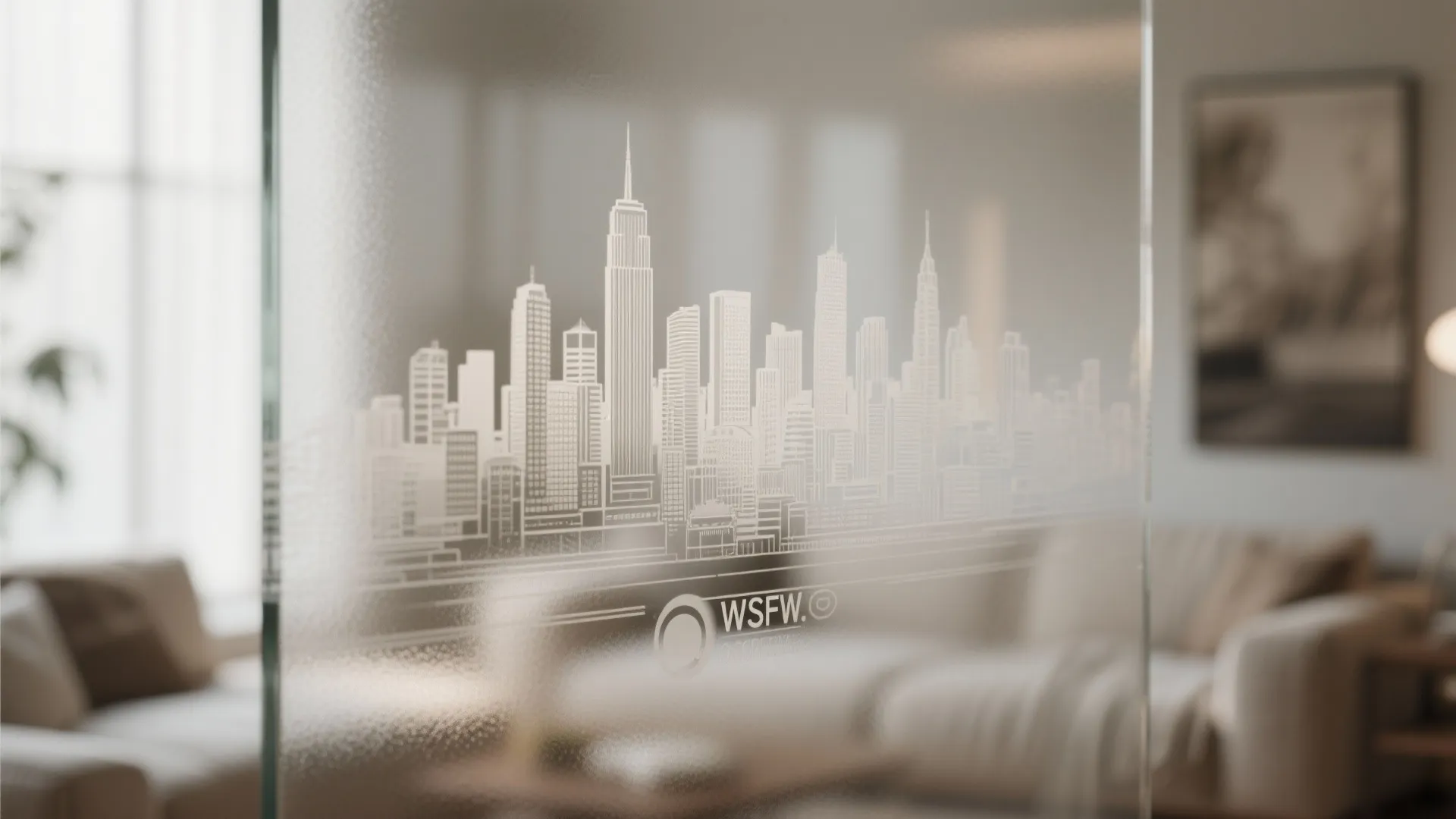 Frosted glass partition with an etched city skyline design located inside a modern living room