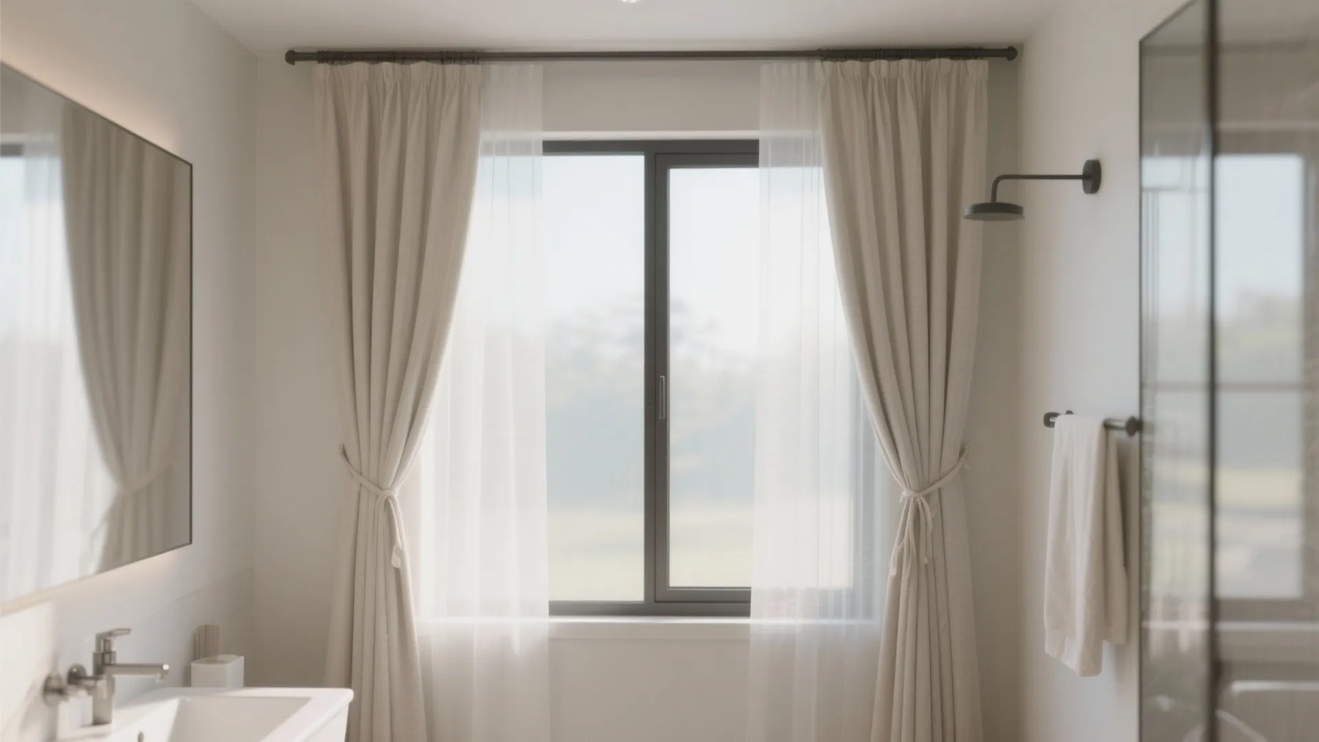 Bathroom with frosted glass film and slim curtains