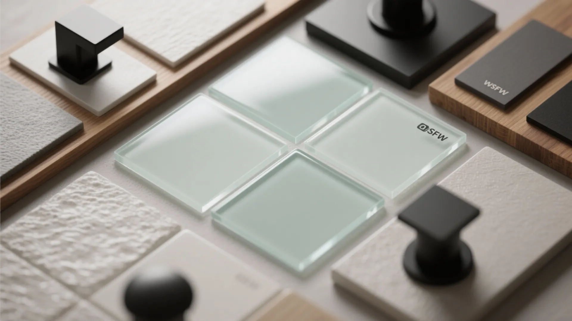 Top-down flatlay of frosted glass tile samples with wood and matte black fixture swatches.