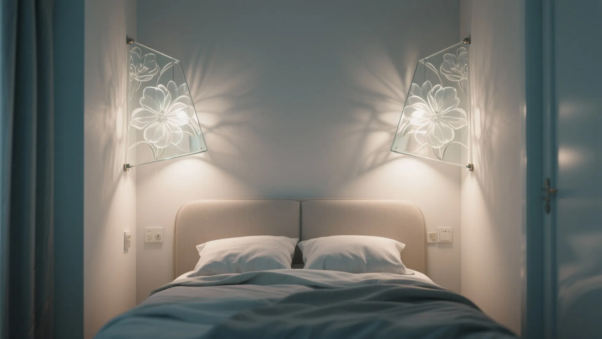 Modern bedroom with two flower patterned glass wall lights mounted above a grey fabric bed