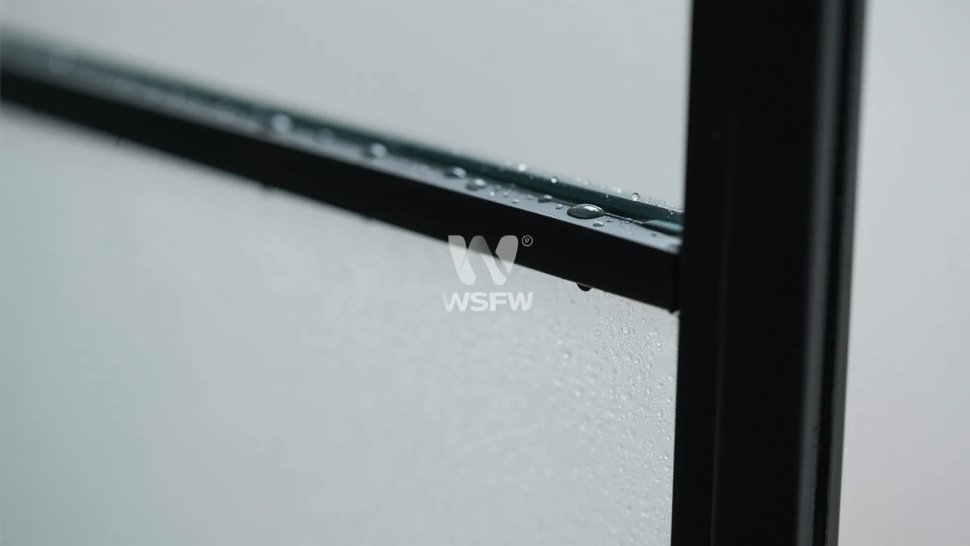 Close up of a black window frame with frosted glass showing small water drops on surface