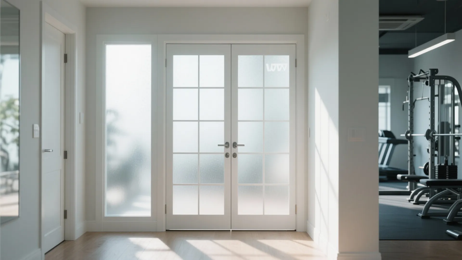 White double doors with frosted glass panels leading into a home gym with workout equipment