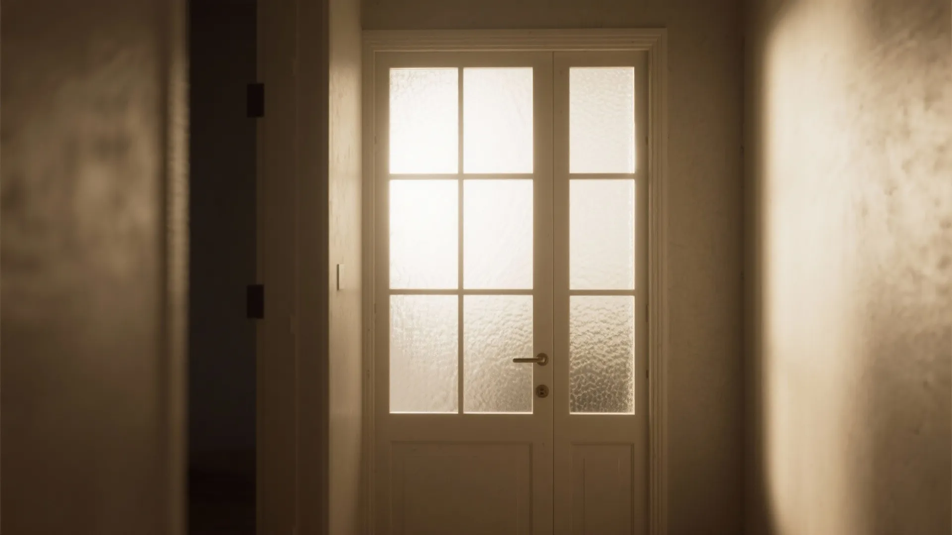 Interior French door with frosted glass panels providing privacy and soft diffuse light