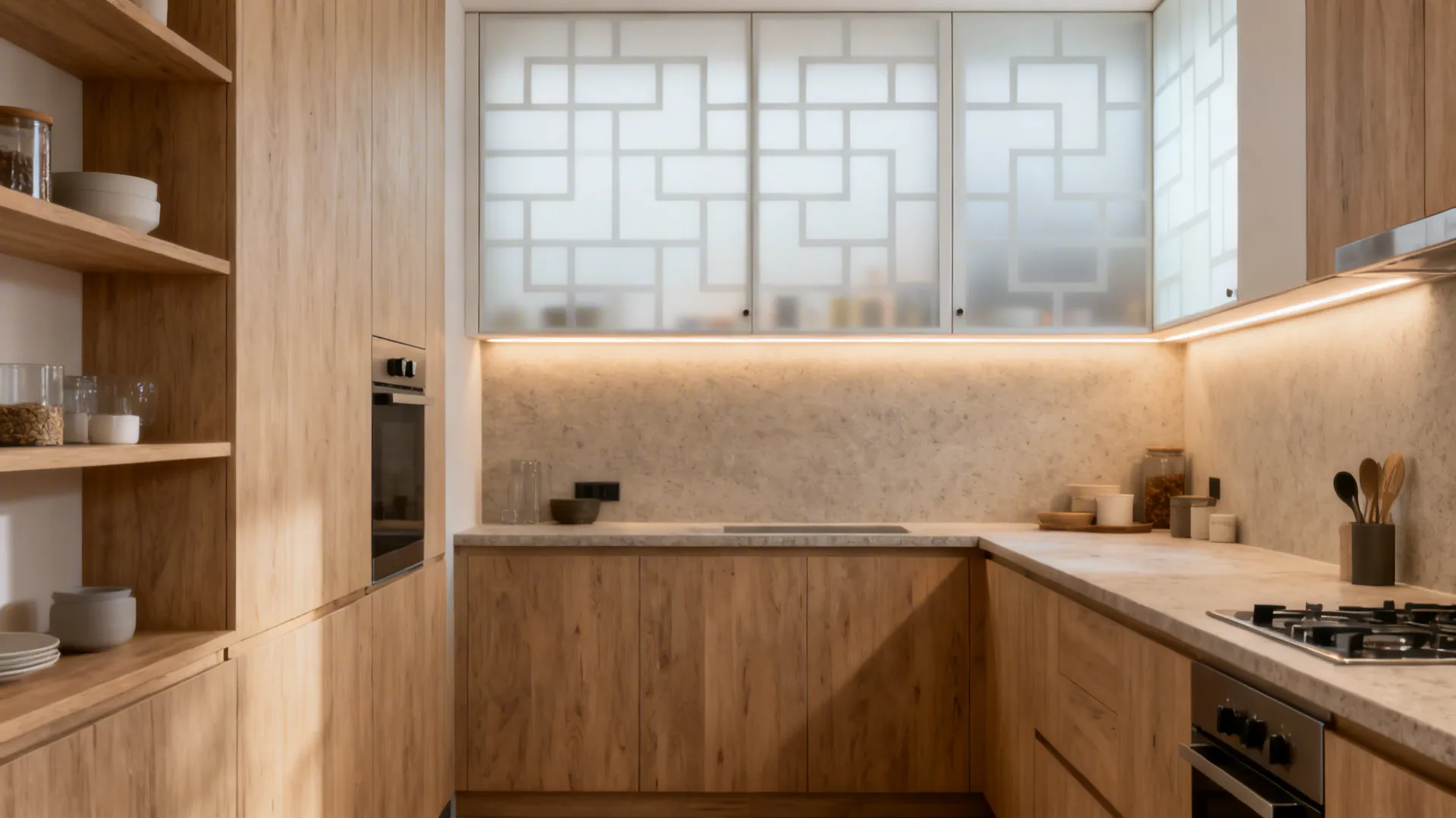 Galley kitchen with frosted geometric grid etched glass cabinet doors diffusing light over a tidy worktop.
