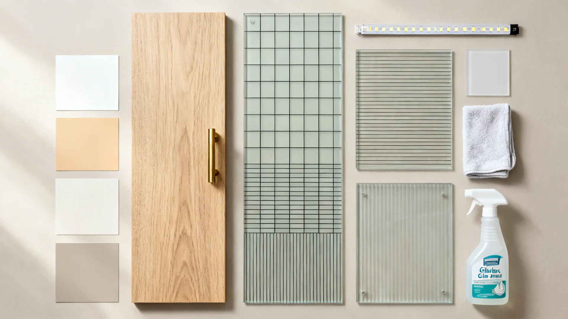 Flat lay of frosted geometric glass samples, light oak, brass pulls, and neutral paint swatches.