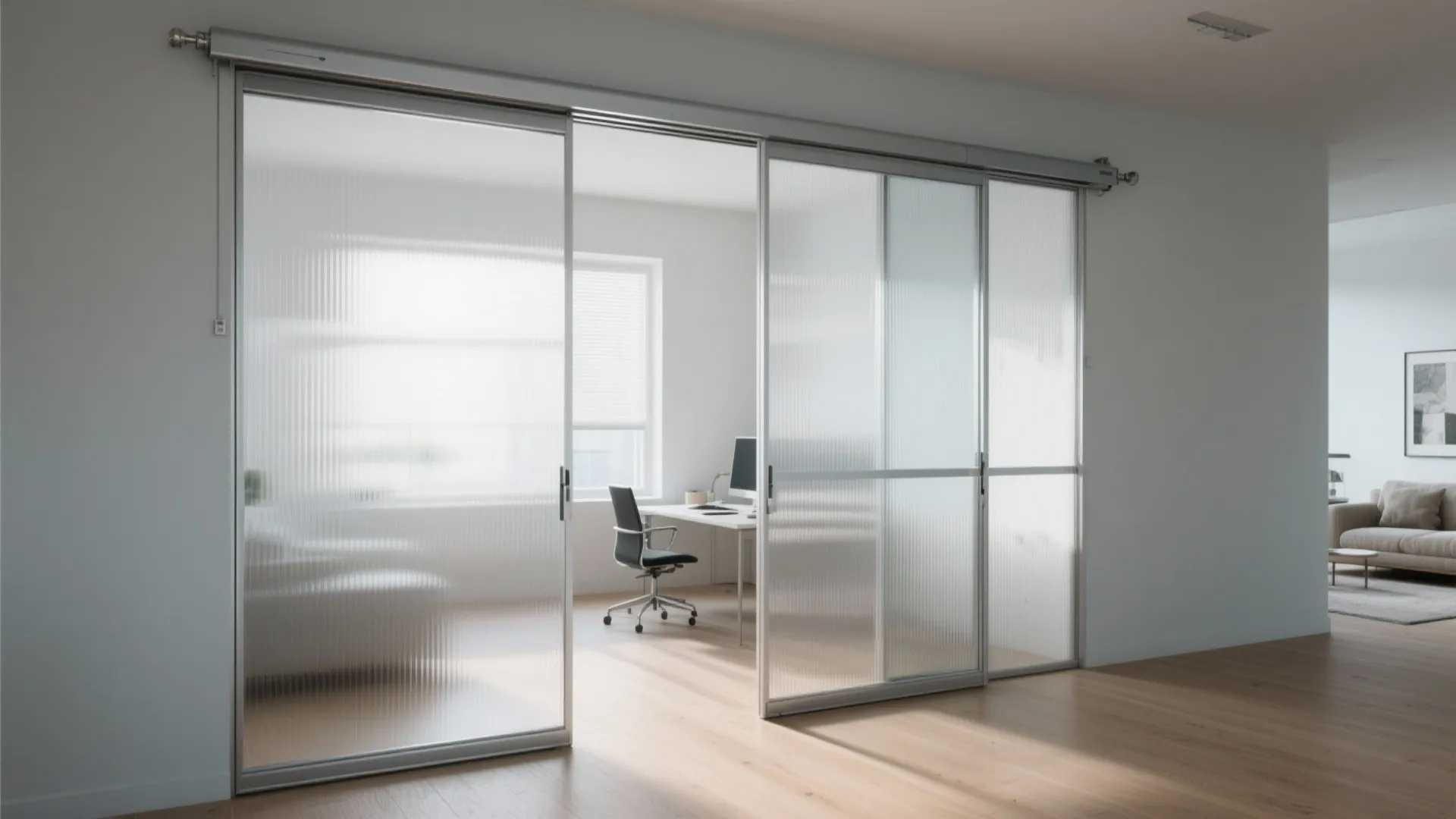 Modern home office with frosted glass sliding doors wooden floor white desk and black chair