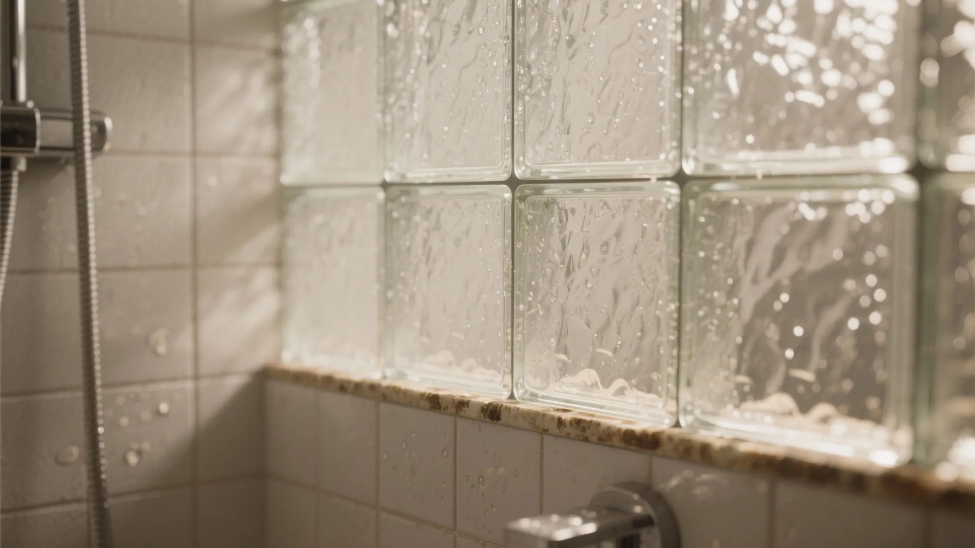 Modern bathroom shower area with frosted glass wall blocks white tiles and chrome shower head
