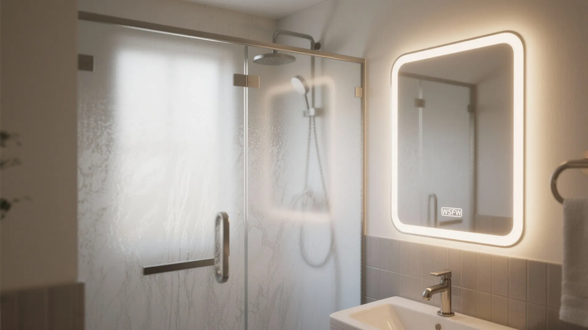 Modern bathroom with frosted glass shower door beside a glowing mirror and white wash sink