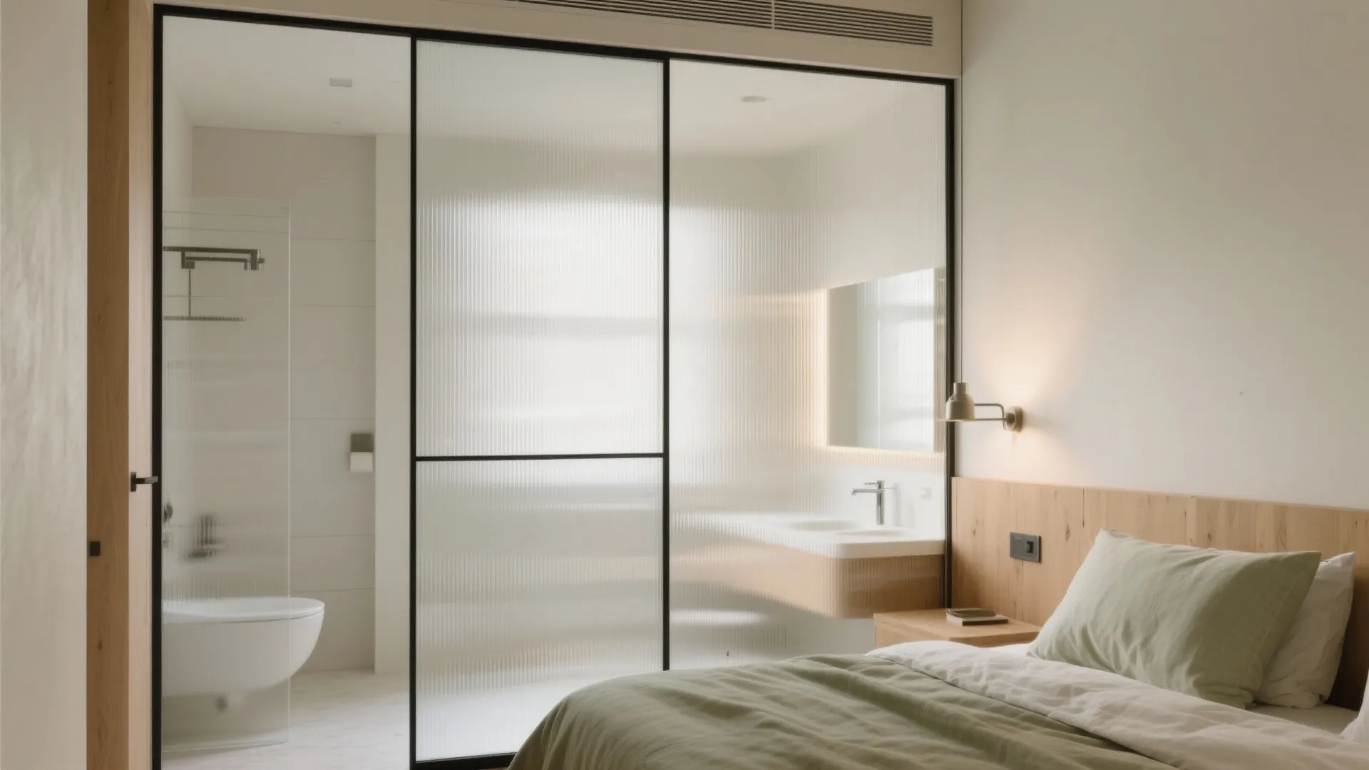 Modern bedroom with green bedding and glass sliding door separating the bathroom and toilet area
