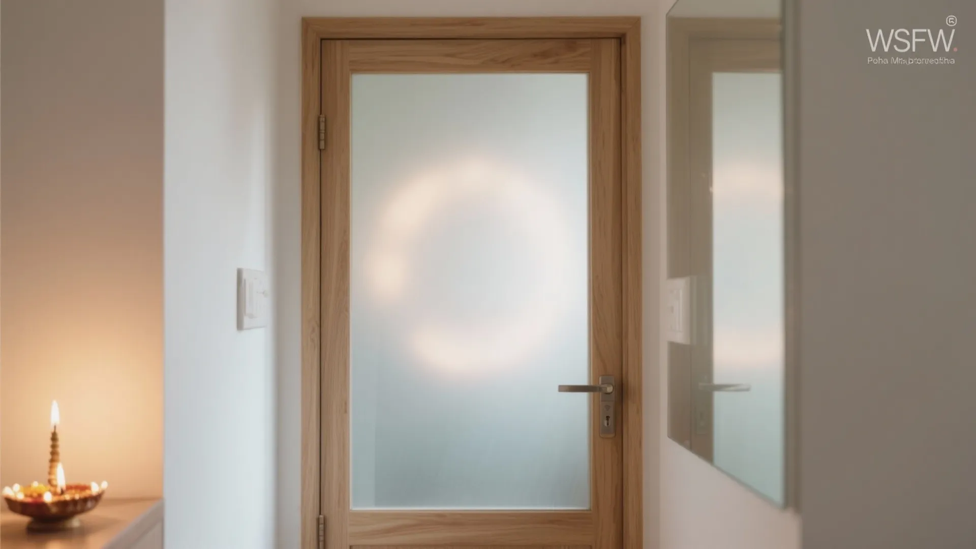 Interior wooden door with frosted glass panel in white hallway with mirror and warm light