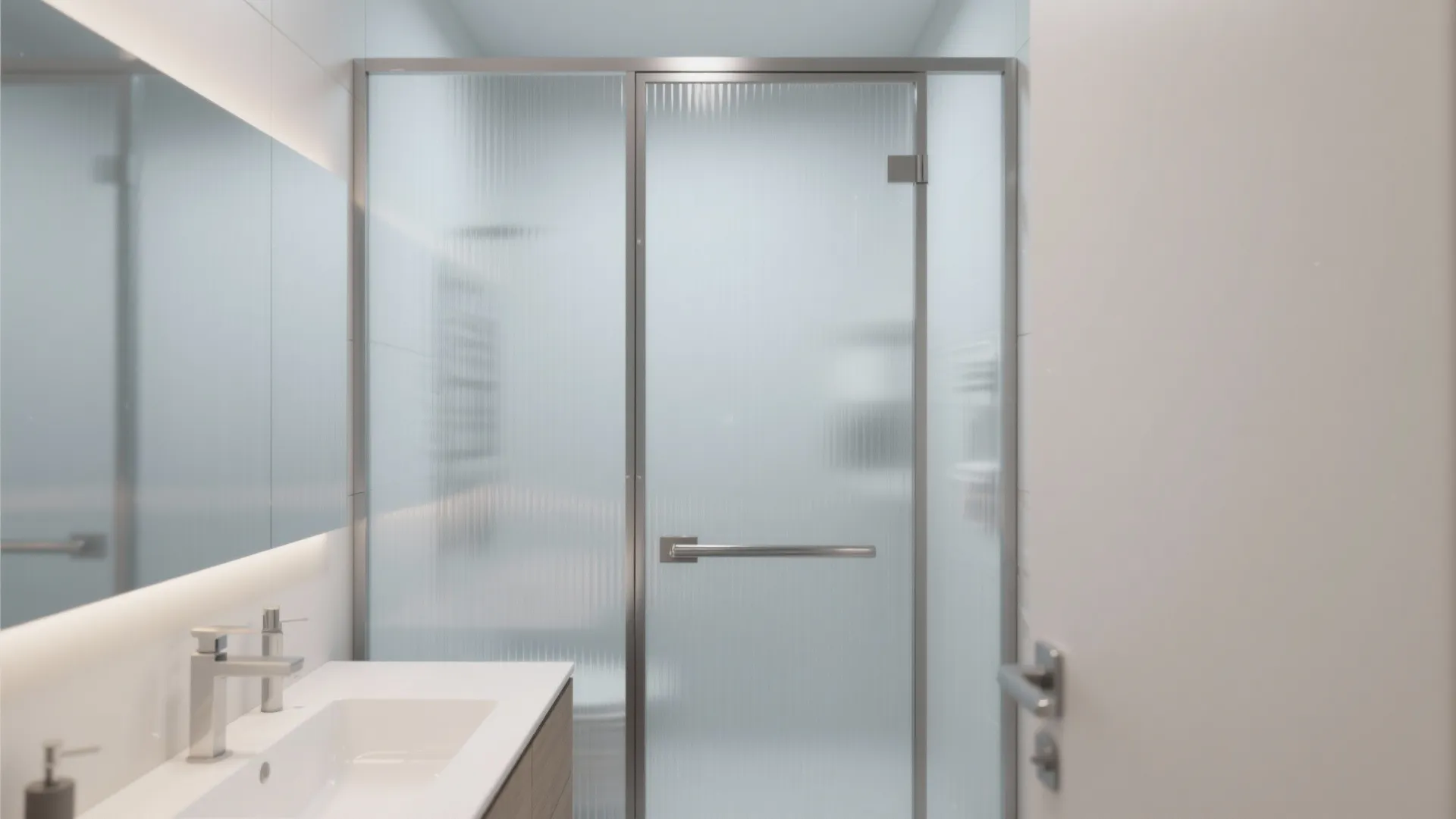 Close up view of a bathroom sink area with a silver frame frosted glass door