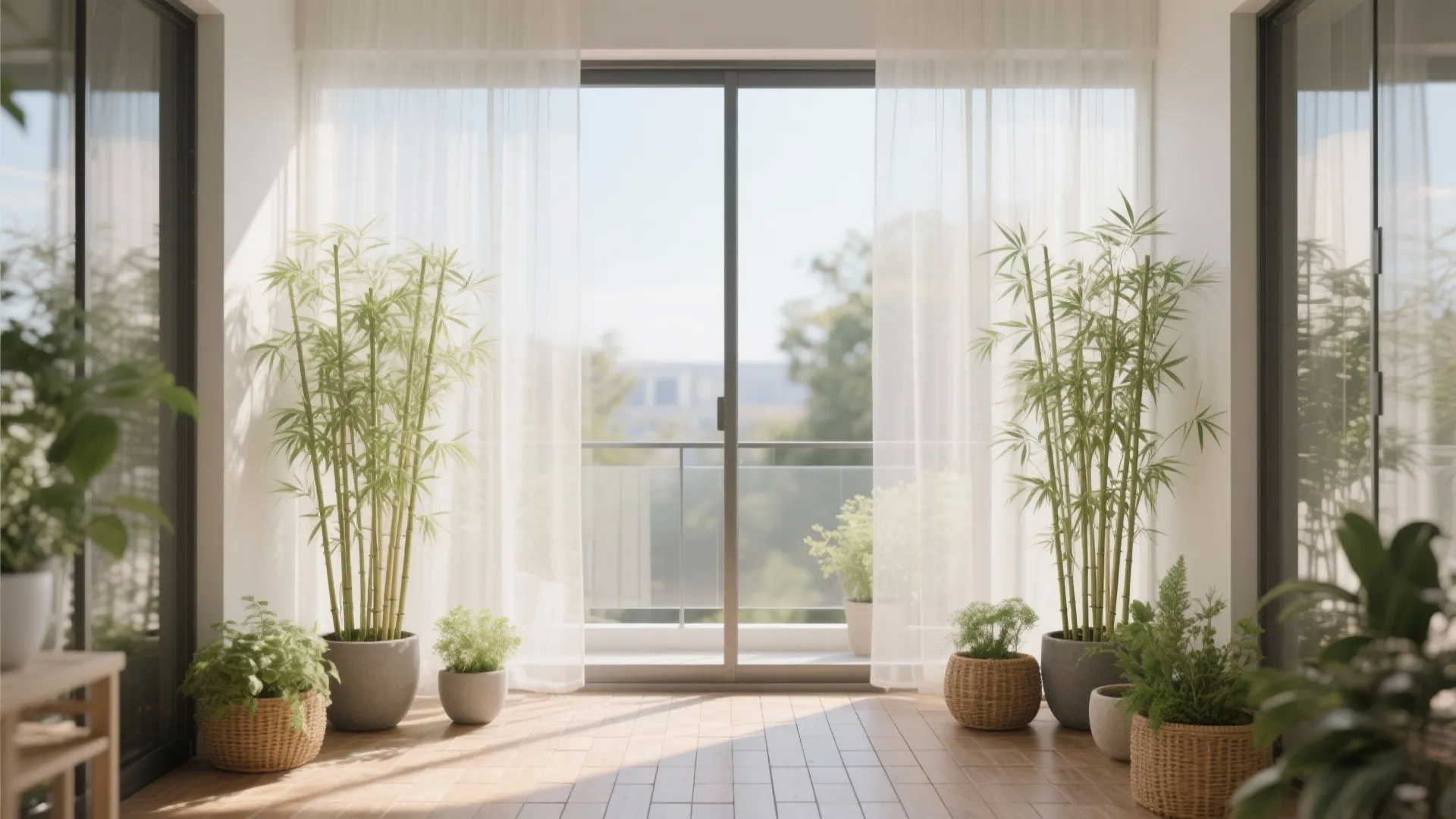 Balcony with frosted-glass screen diffusing light behind bamboo and shade plants.