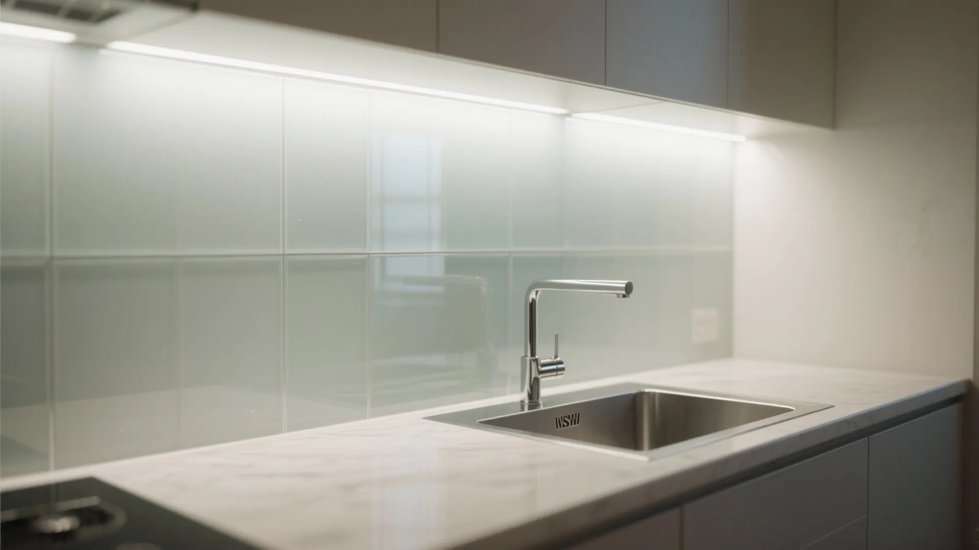 Frosted glass backsplash behind sink creating a soft glow