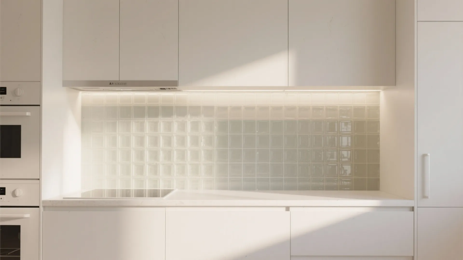 Minimalist white kitchen with glossy square tiles under cabinet lighting and clean modern cooking area layout