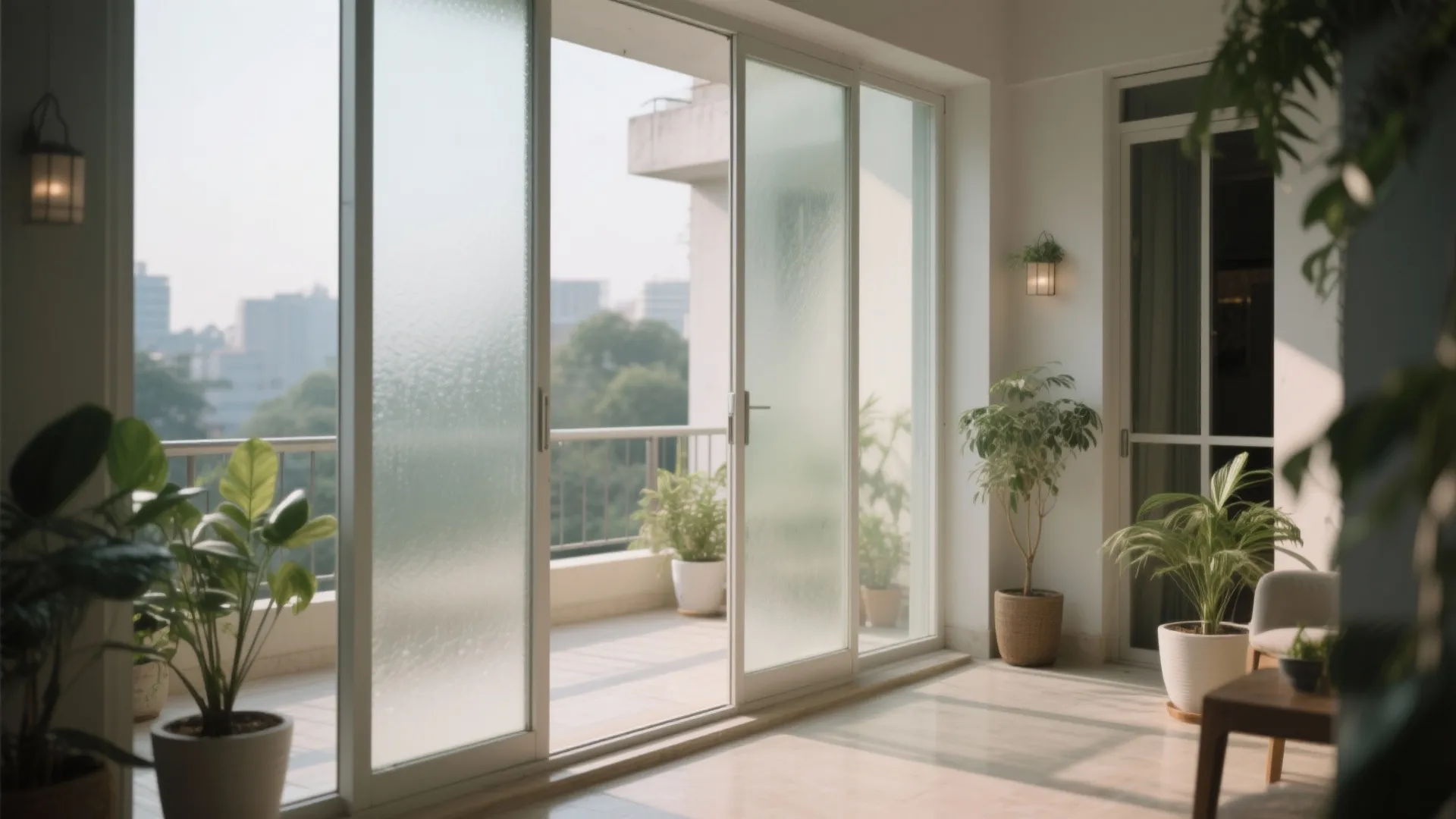 Indoor space with frosted glass sliding doors green plants wall lights and view of sunny balcony