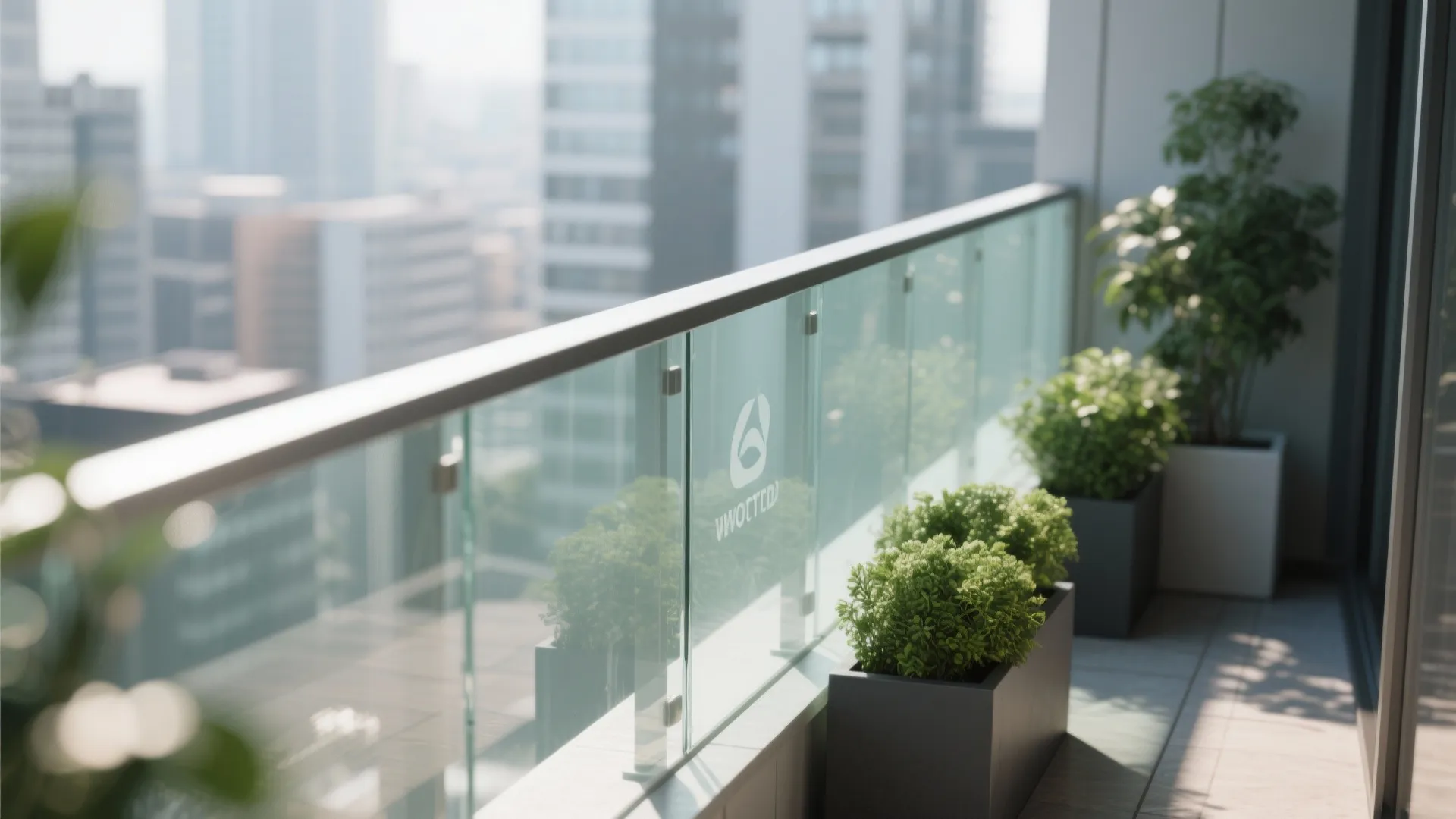 Modern apartment balcony with glass railings green plants in square pots and a city view
