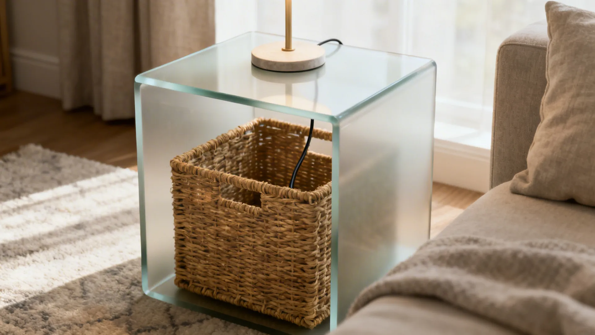 Frosted glass side table with a woven storage basket hiding cables and remotes.
