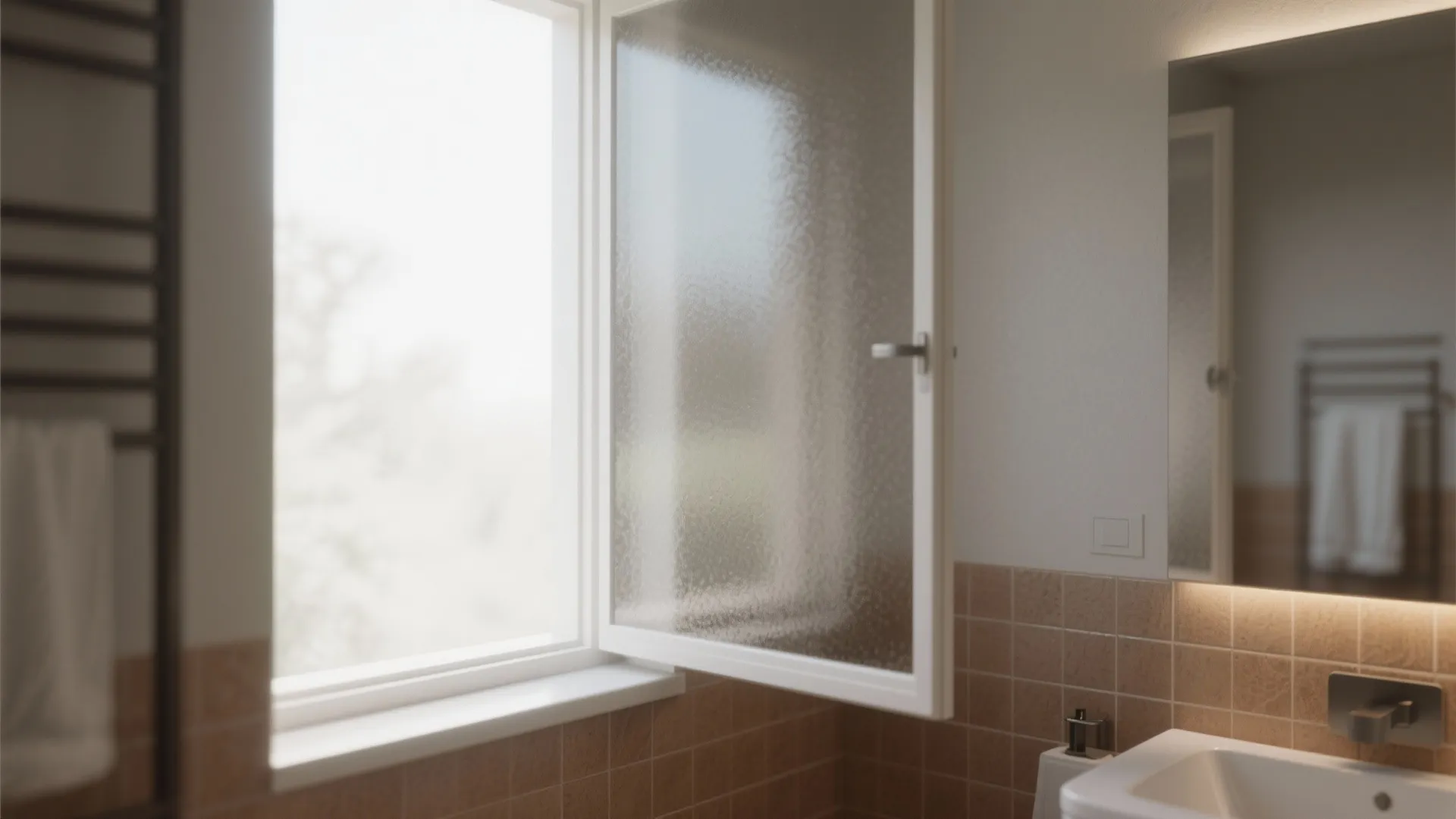 Open frosted glass window in a bathroom with brown wall tiles a mirror and sink