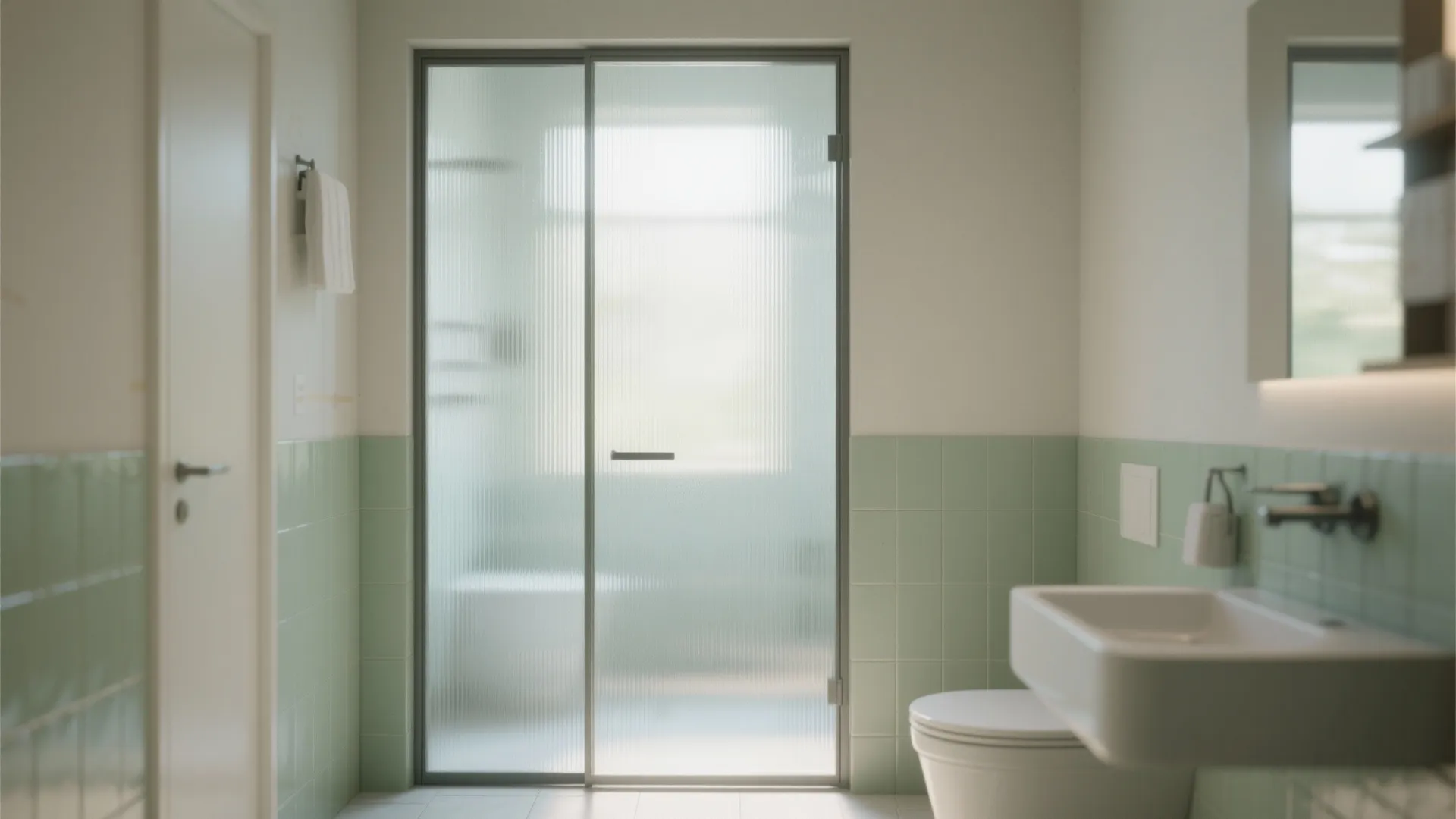 Laminated frosted glass bathroom door glowing with soft diffused light.
