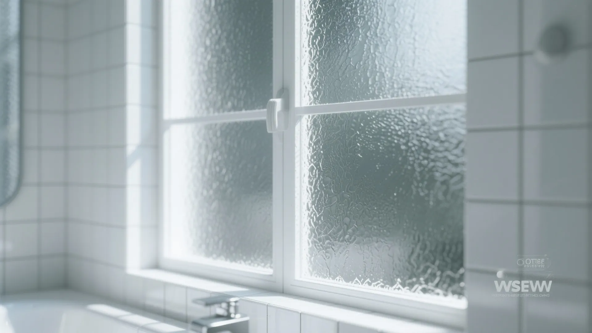 Close-up of frosted glass bathroom window diffusing daylight