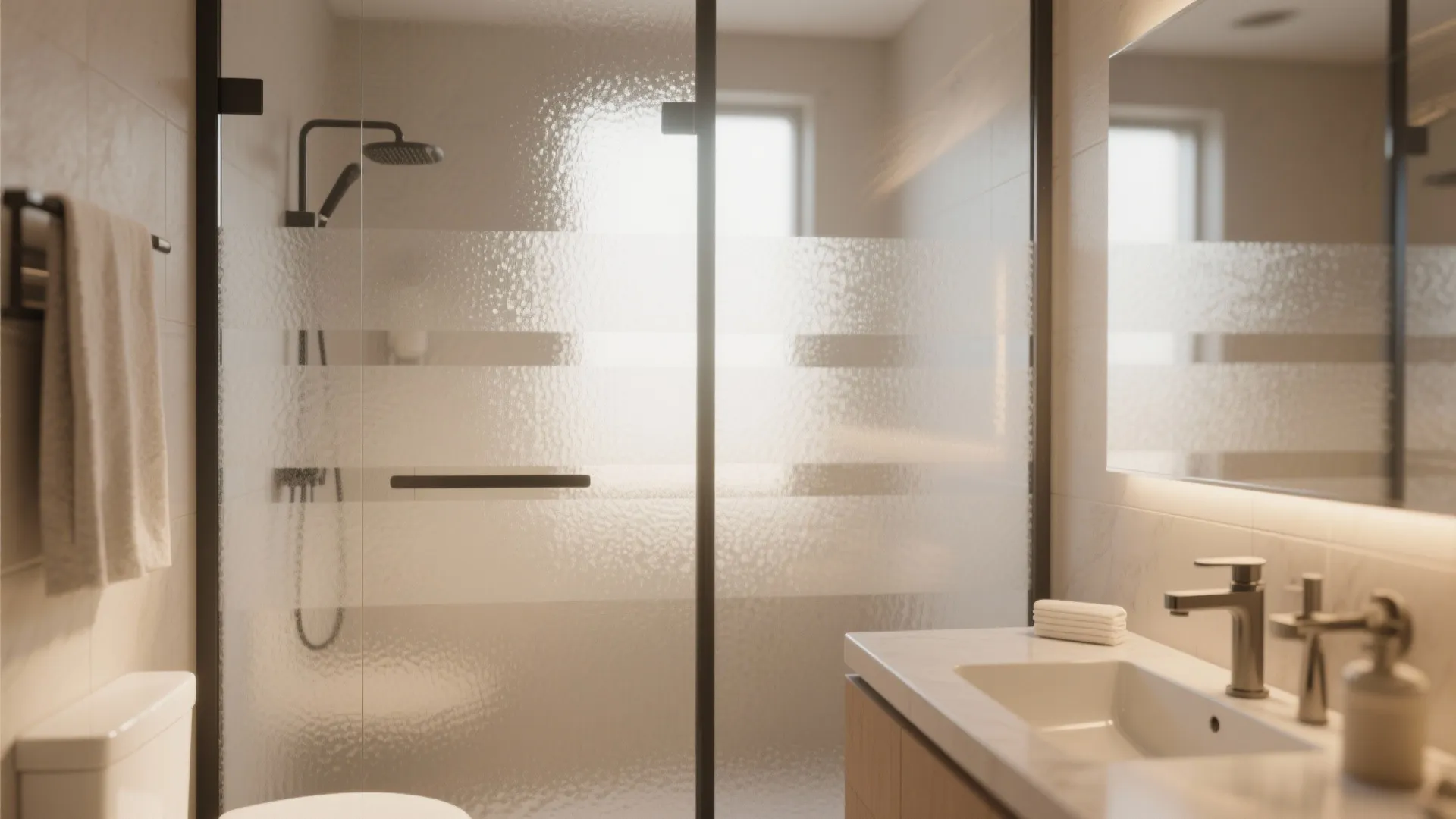 Modern bathroom with frosted glass shower door next to a white sink and large mirror
